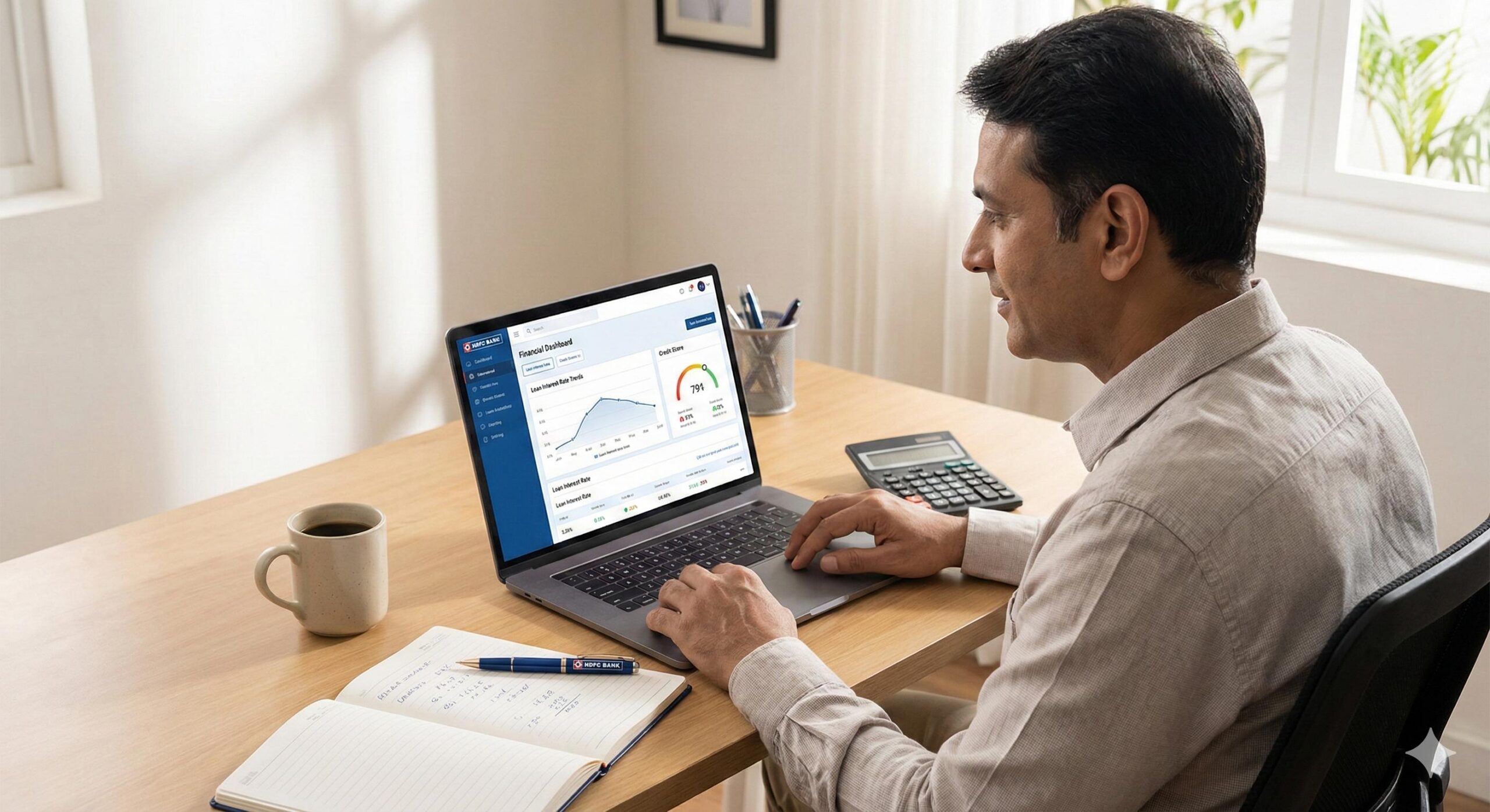 A professional borrower in a home office reviewing financial data on a laptop, planning for an HDFC Bank personal loan application.