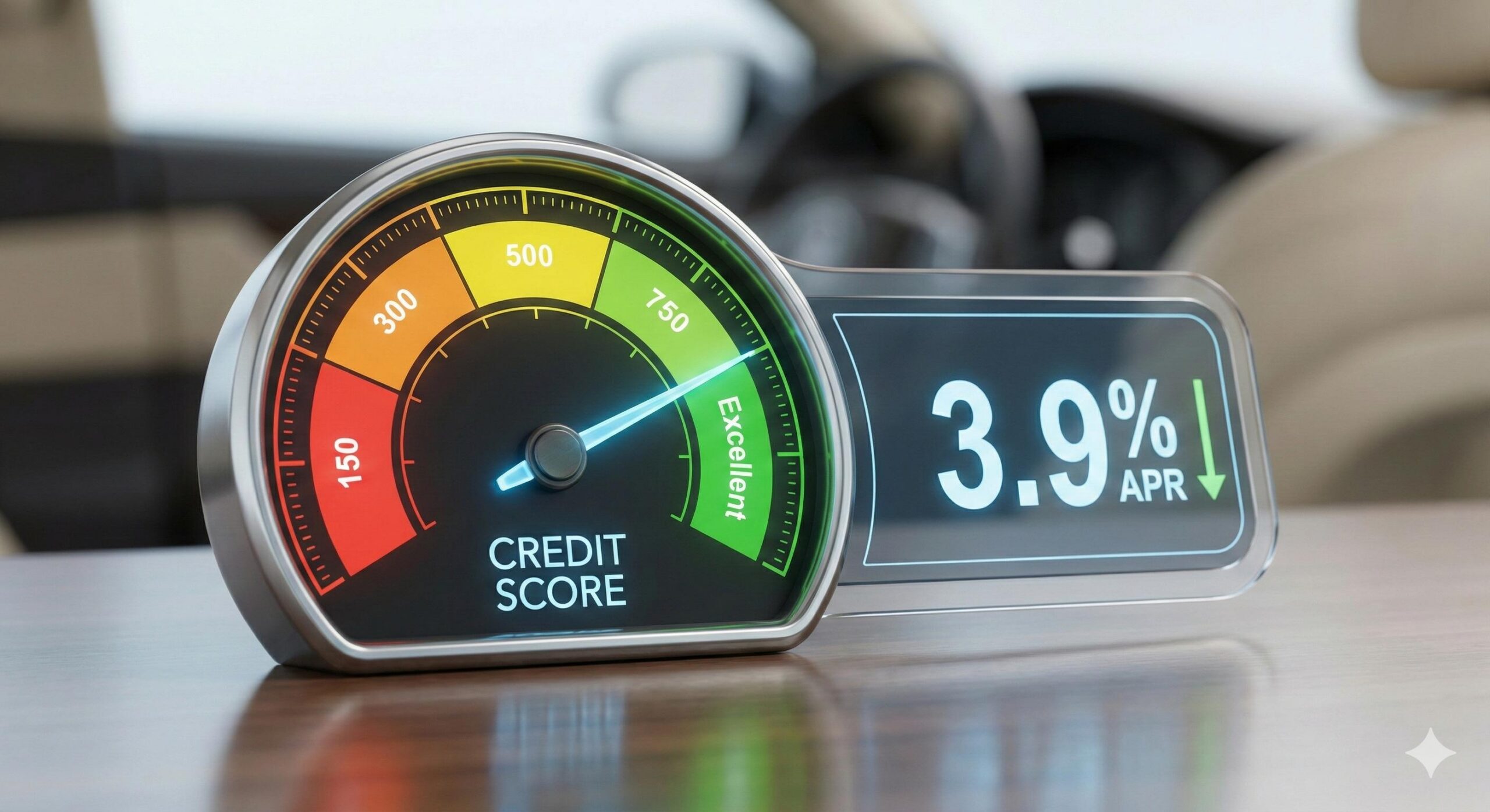 High credit score gauge unlocking low car finance interest rates.
