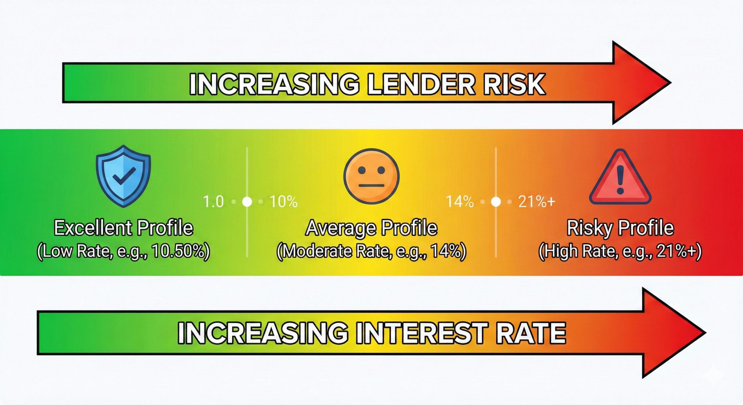 Infographic illustrating HDFC Bank's risk-based pricing model, showing how higher lender risk leads to higher personal loan interest rates.