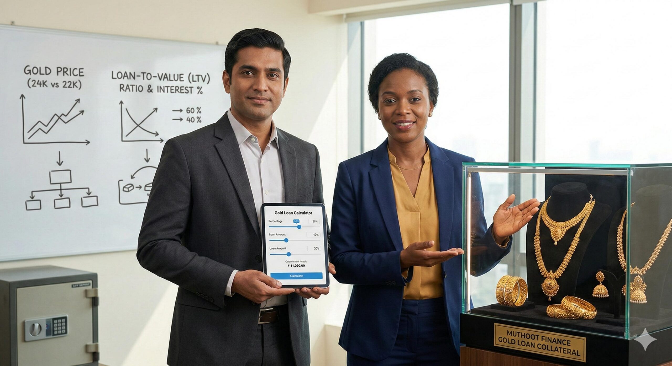 Professional financial advisors explaining a gold loan interest rate calculator with jewelry collateral.