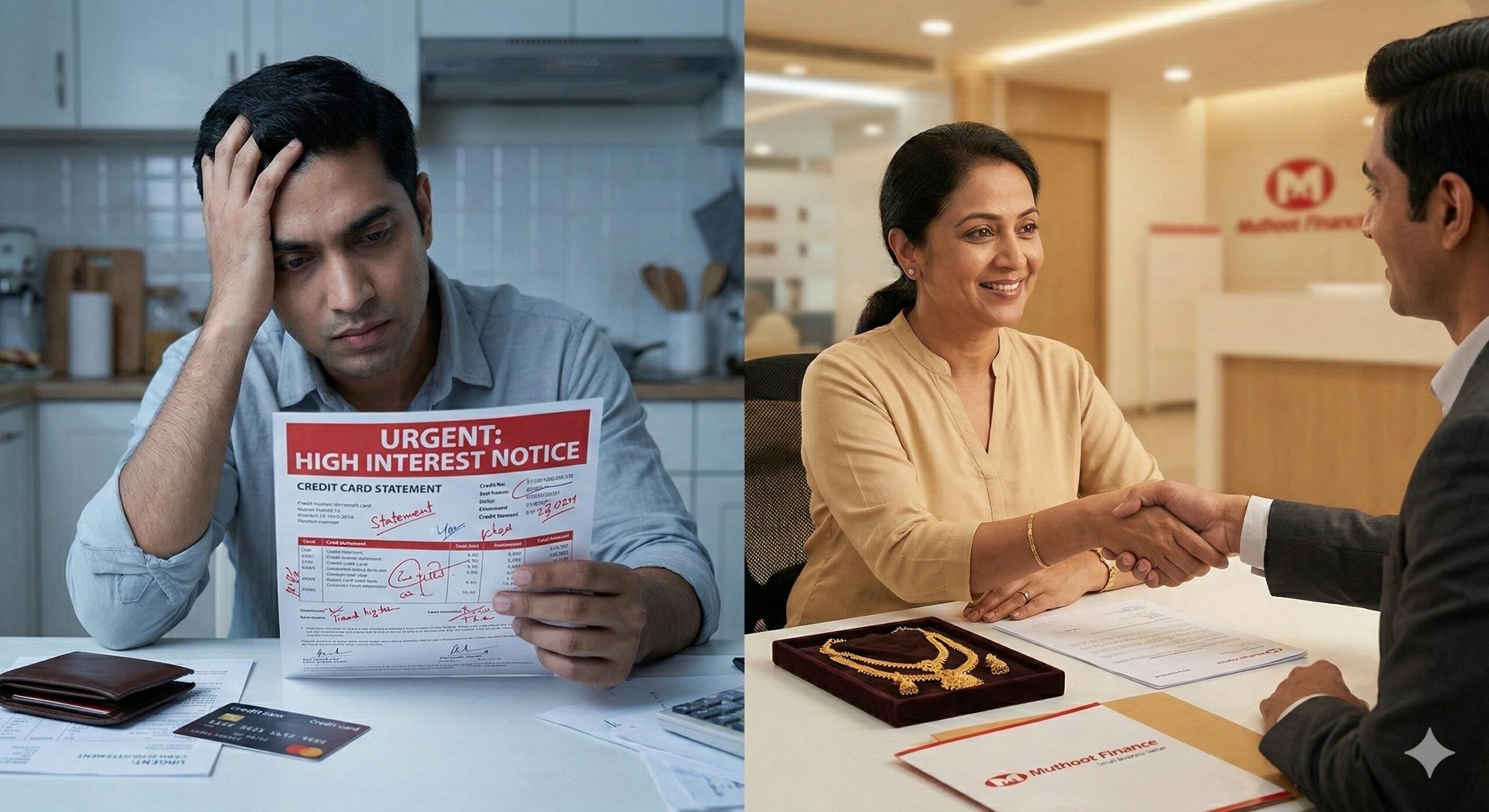 Stressed credit card user compared to a relieved gold loan borrower.