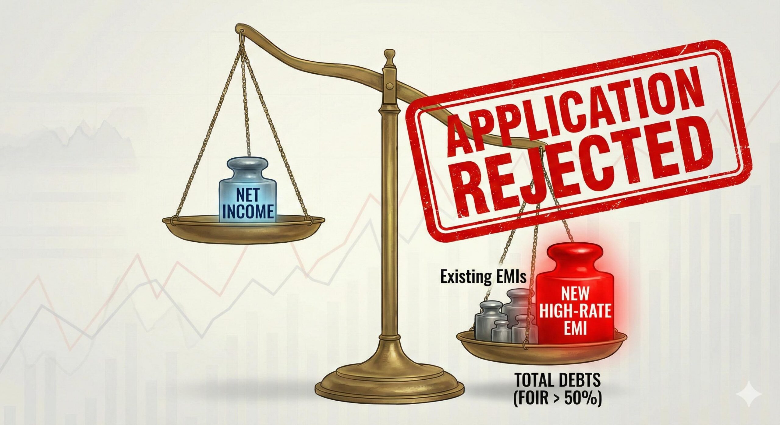Visual metaphor of a balance scale showing how a high interest rate increases EMI, pushing the Debt-to-Income ratio (FOIR) over the limit and leading to loan rejection.