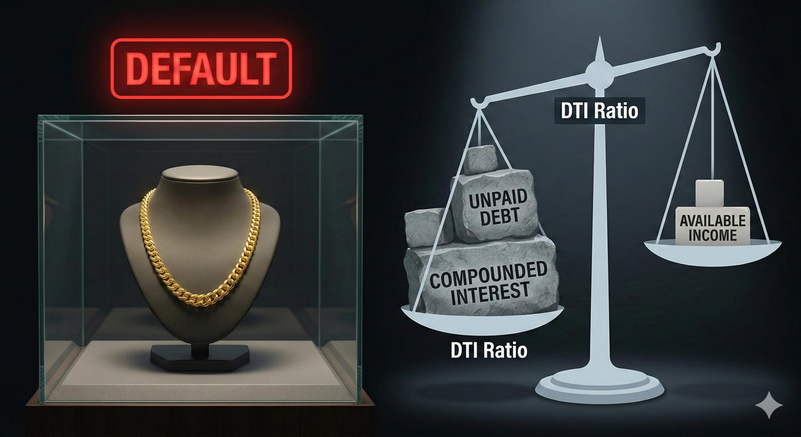 Visualizing how default and compounding interest crush the debt-to-income ratio.