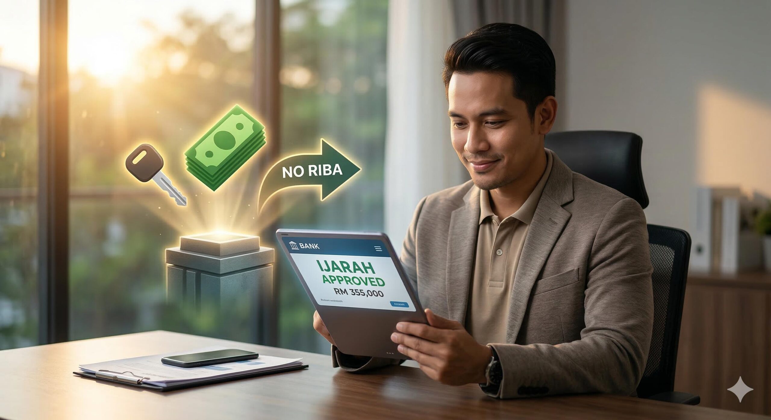 A Southeast Asian professional reviewing Shariah-compliant car financing details on a tablet with a confident smile.