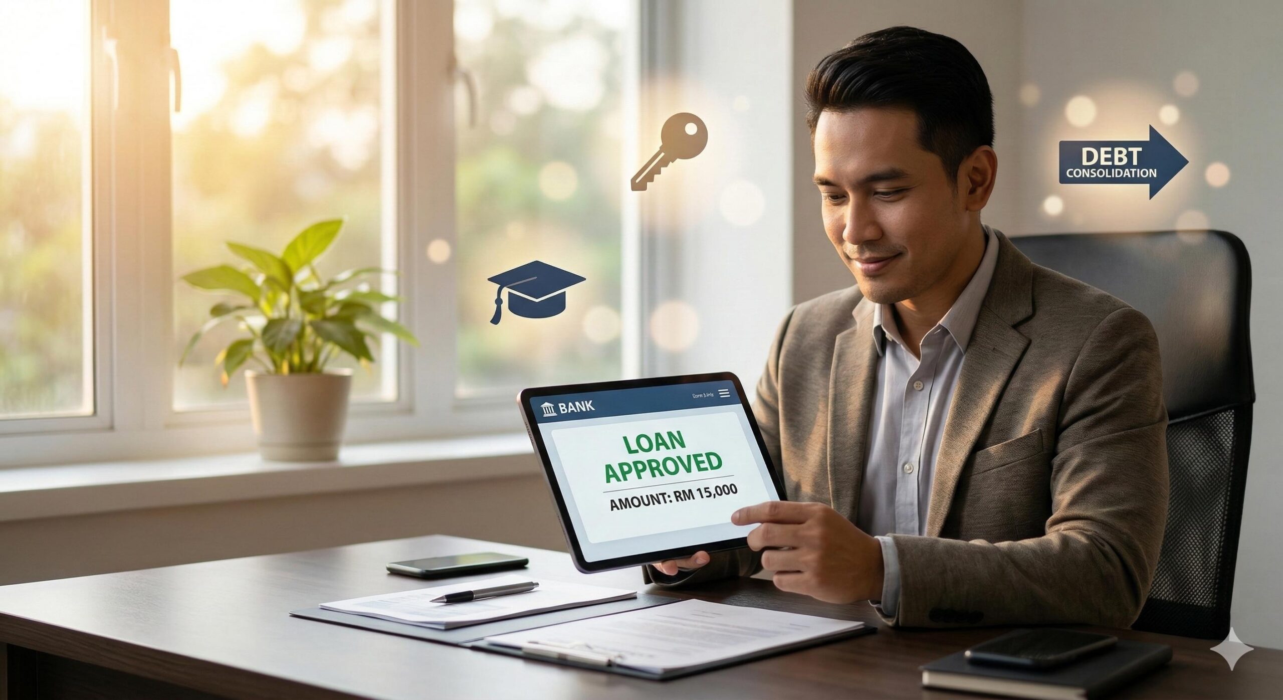 A Southeast Asian professional reviewing loan documents on a tablet with a confident smile, visualized financial growth.