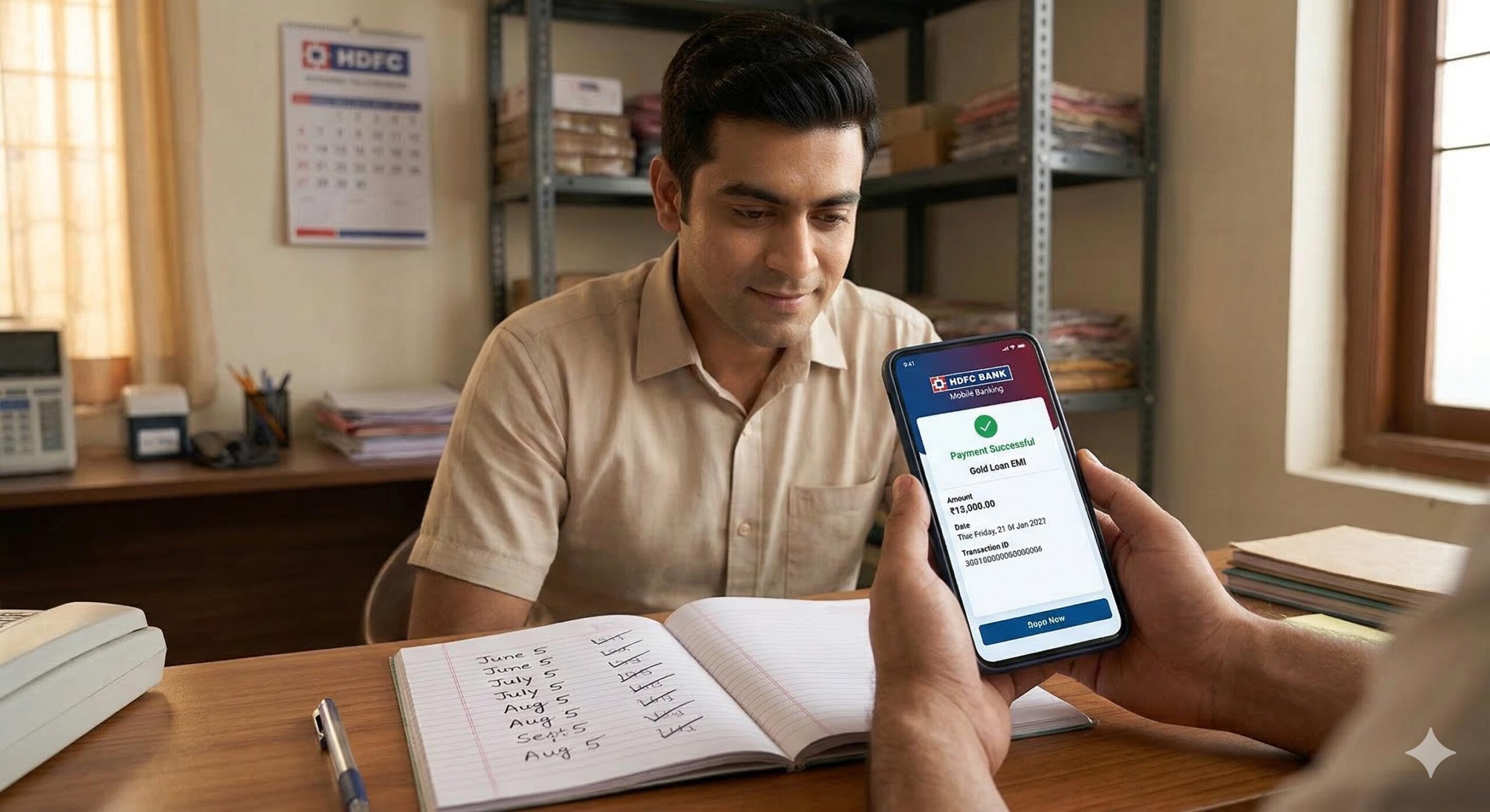 A borrower successfully making a gold loan EMI payment via the HDFC app.
