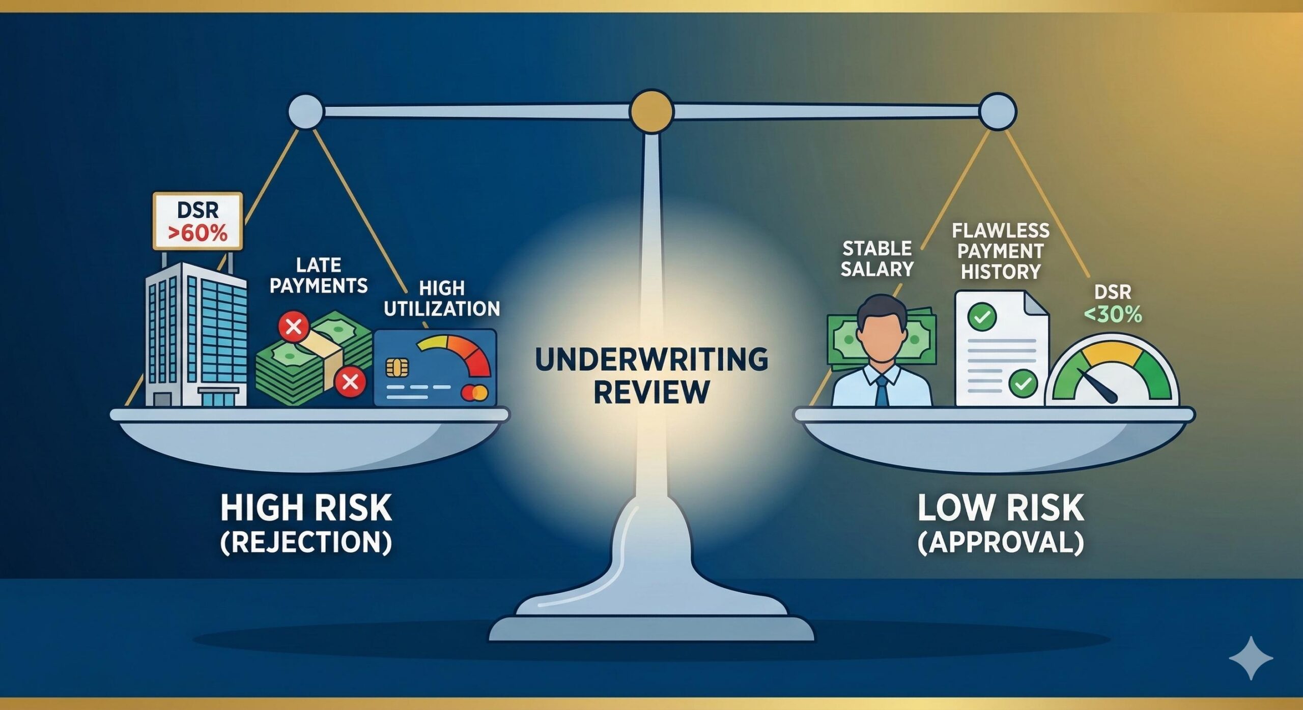 A digital illustration of a stylized balance scale comparing factors for CIMB personal loan approval versus rejection.