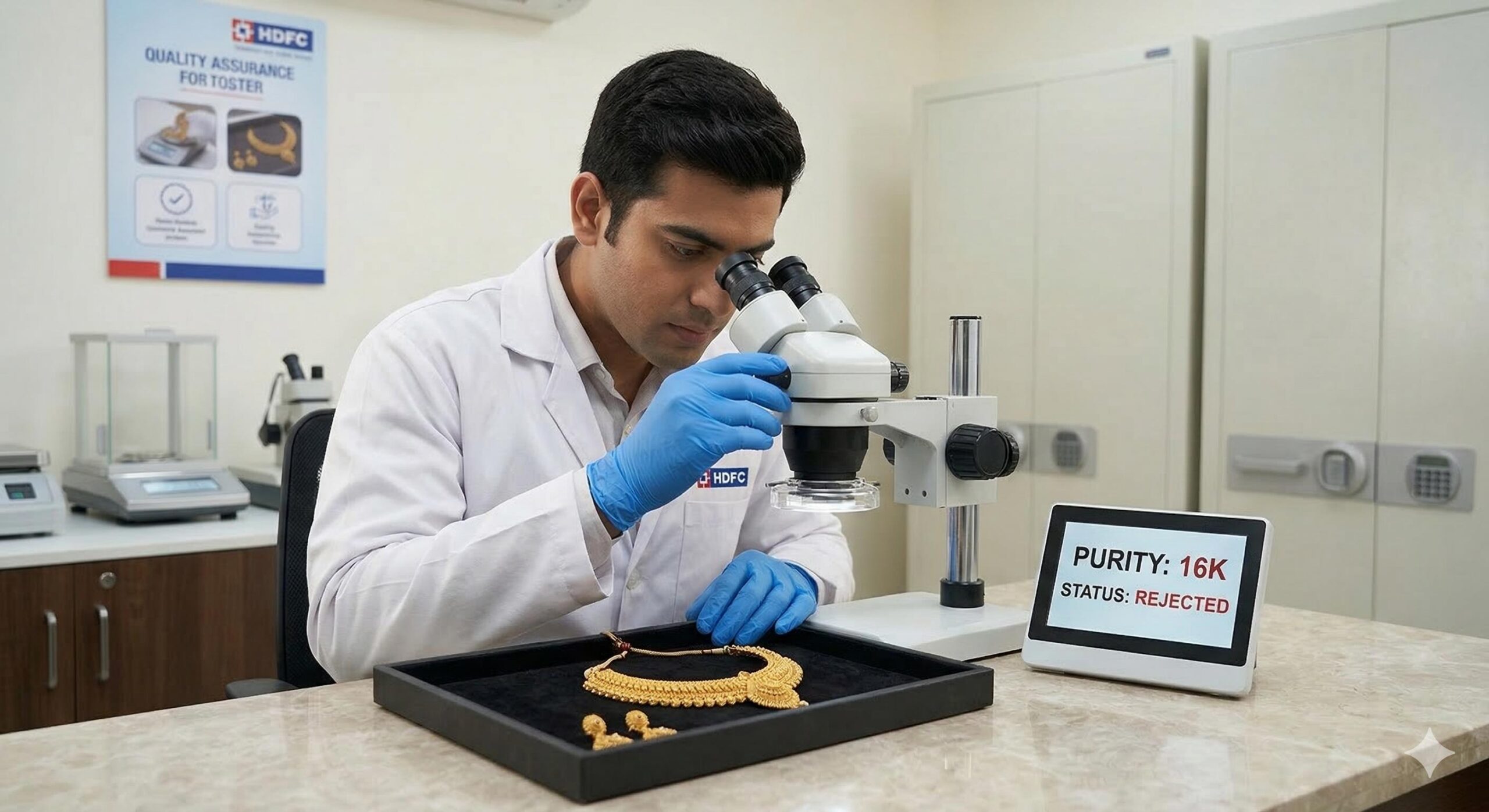 A gold appraiser verifying jewelry purity, a key factor in HDFC gold loan approval.
