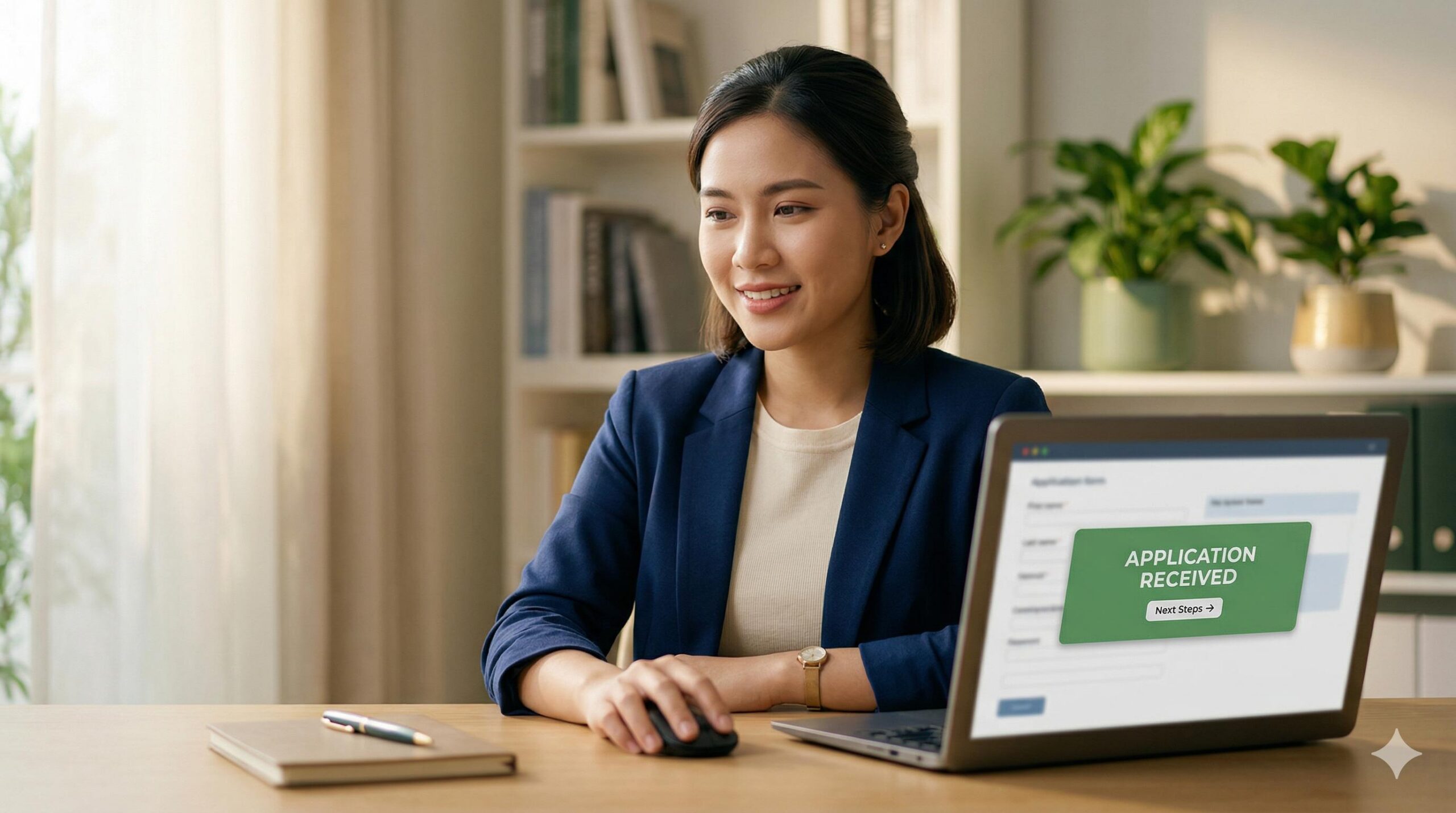 A relieved professional reviewing positive loan application results on a laptop.