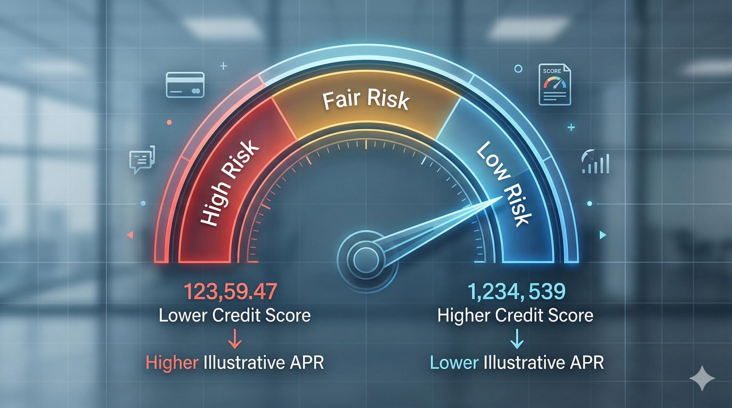 A visual gauge illustrating how higher credit scores correlate to lower interest rates (APR).