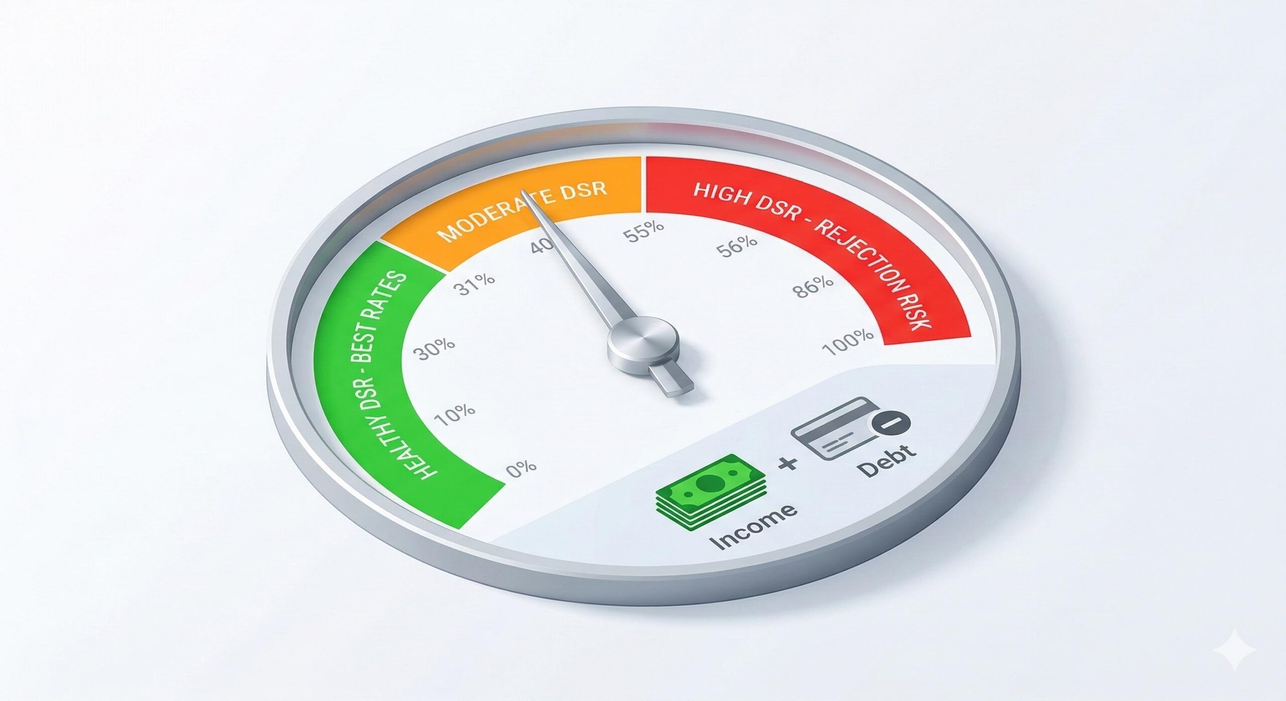 An isometric gauge illustrating Debt Service Ratio (DSR) levels, highlighting the healthy green zone versus the high-risk red zone.