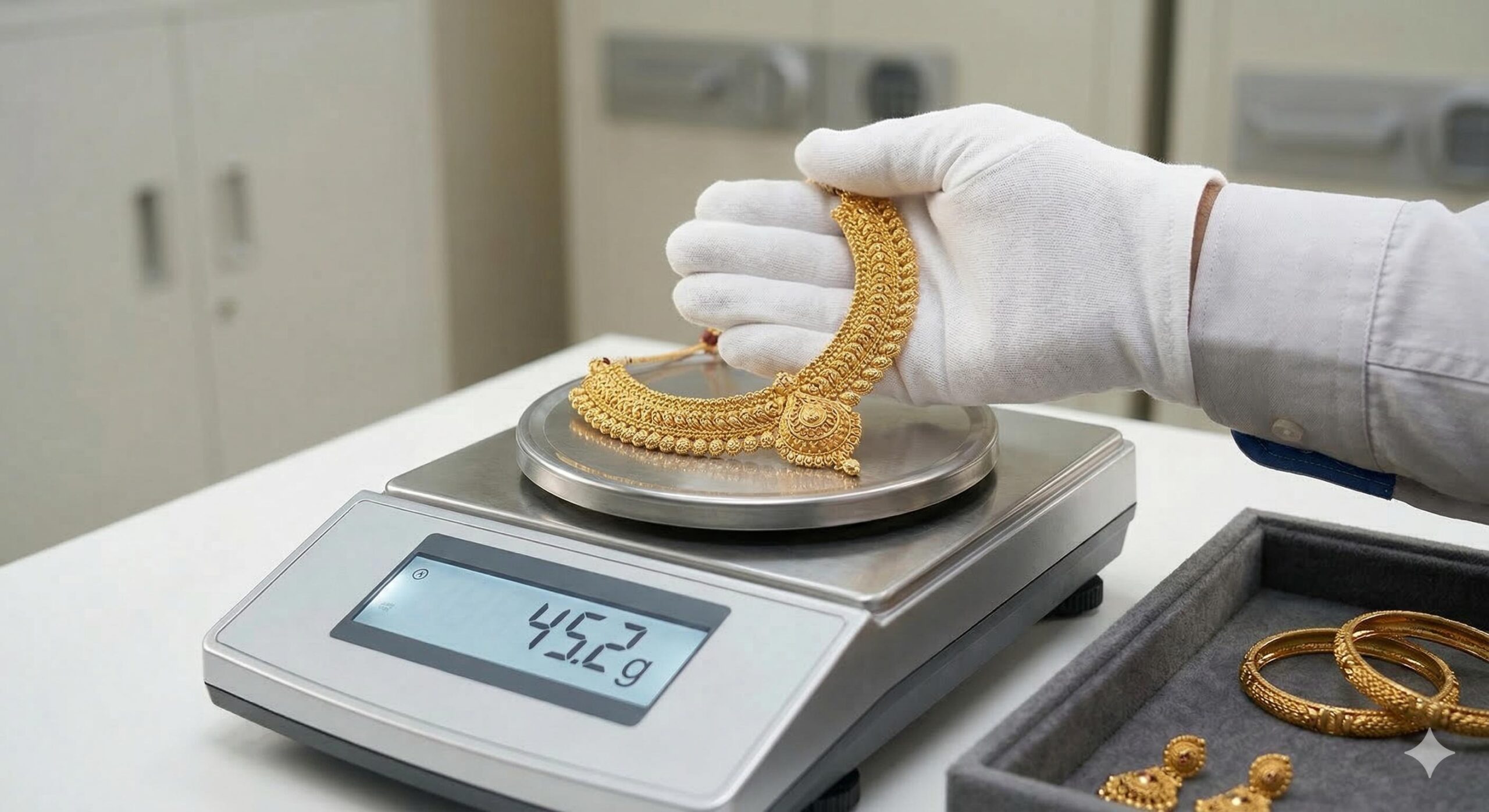 Close-up of gold jewelry being weighed by a bank official as collateral.