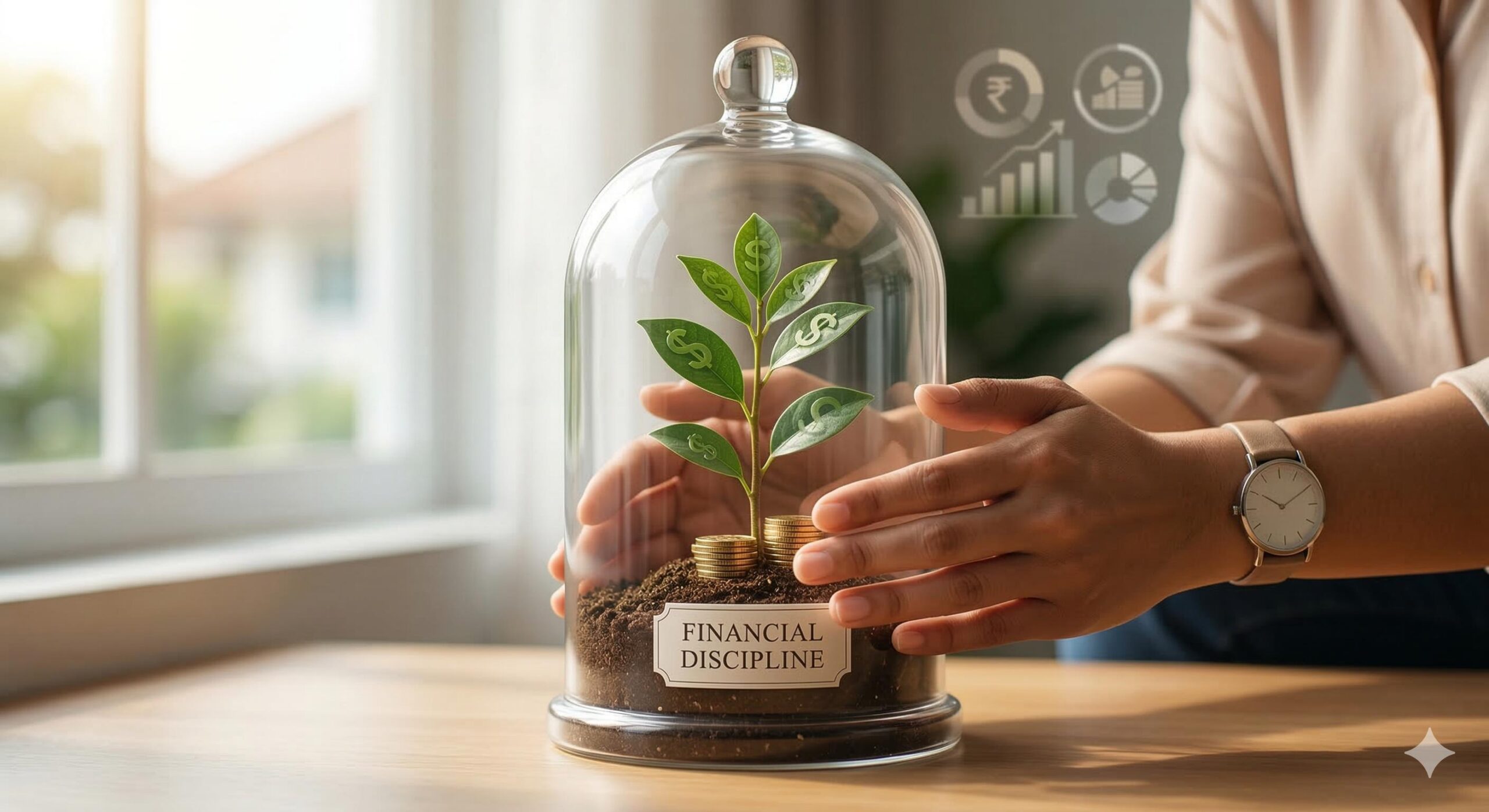 Close-up of hands securement placing a generic financial sapling under a protective glass dome, symbolizing secure investment.