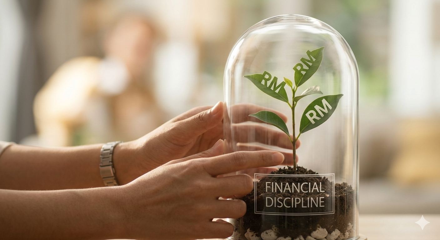 Close-up of hands securement placing a small, golden sapling with currency symbols into a protective glass dome, symbolizing secure investment.
