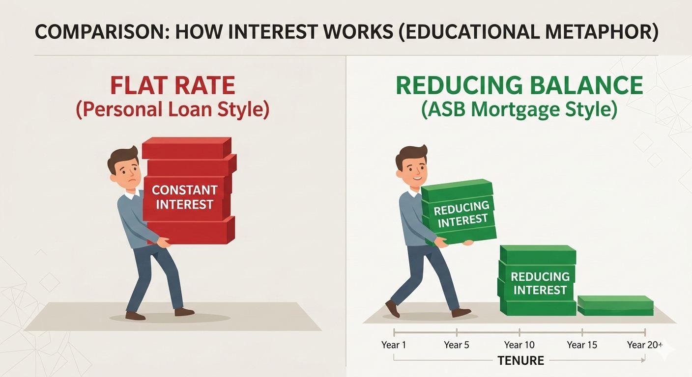 Comparison diagram showing interest paid reducing over time with a reducing balance loan versus constant interest with a flat rate loan.