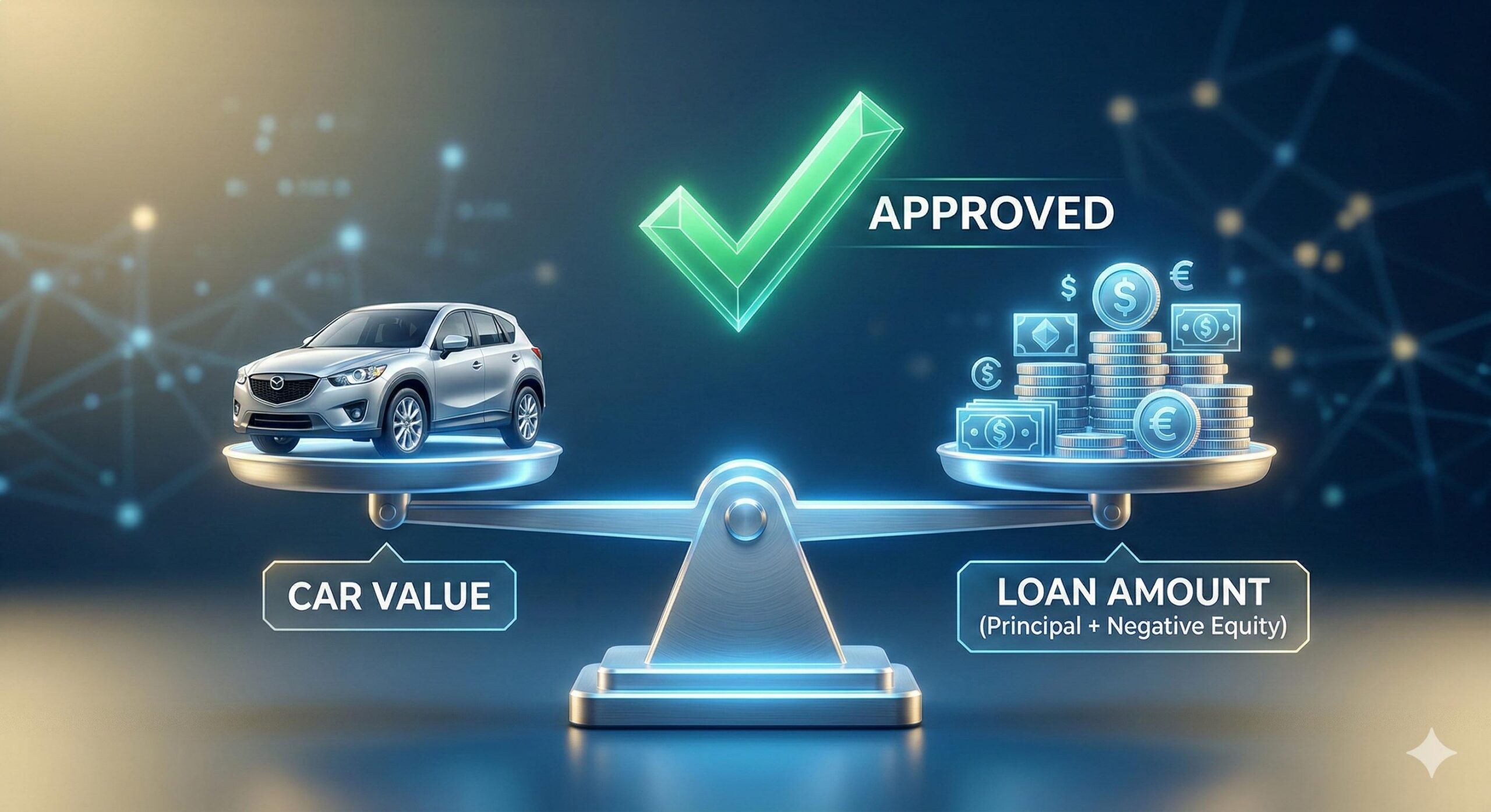 Conceptual illustration of balanced scales showing car value versus loan amount.