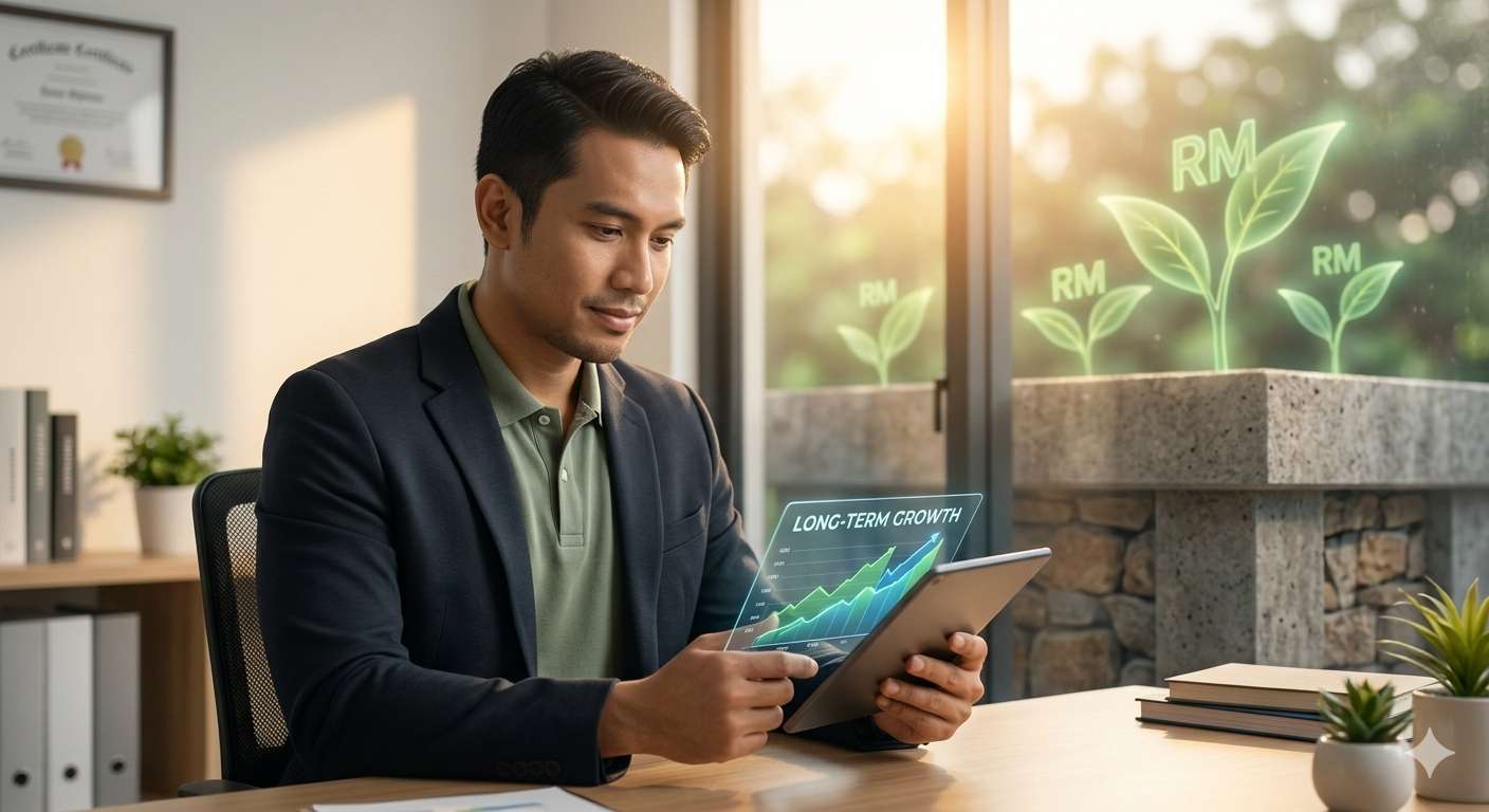 Confident Malaysian investor reviewing ASB financing growth on a tablet with stylized monetary plant symbols.