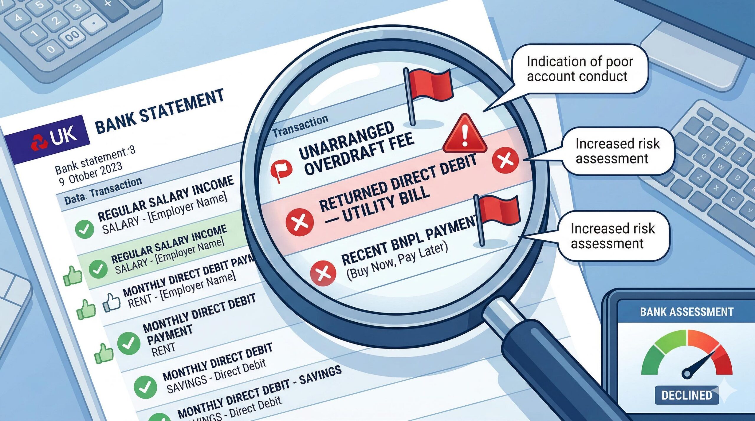 Digital illustration of a bank statement under a magnifying glass with red flags highlighting overdrafts and missed payments.