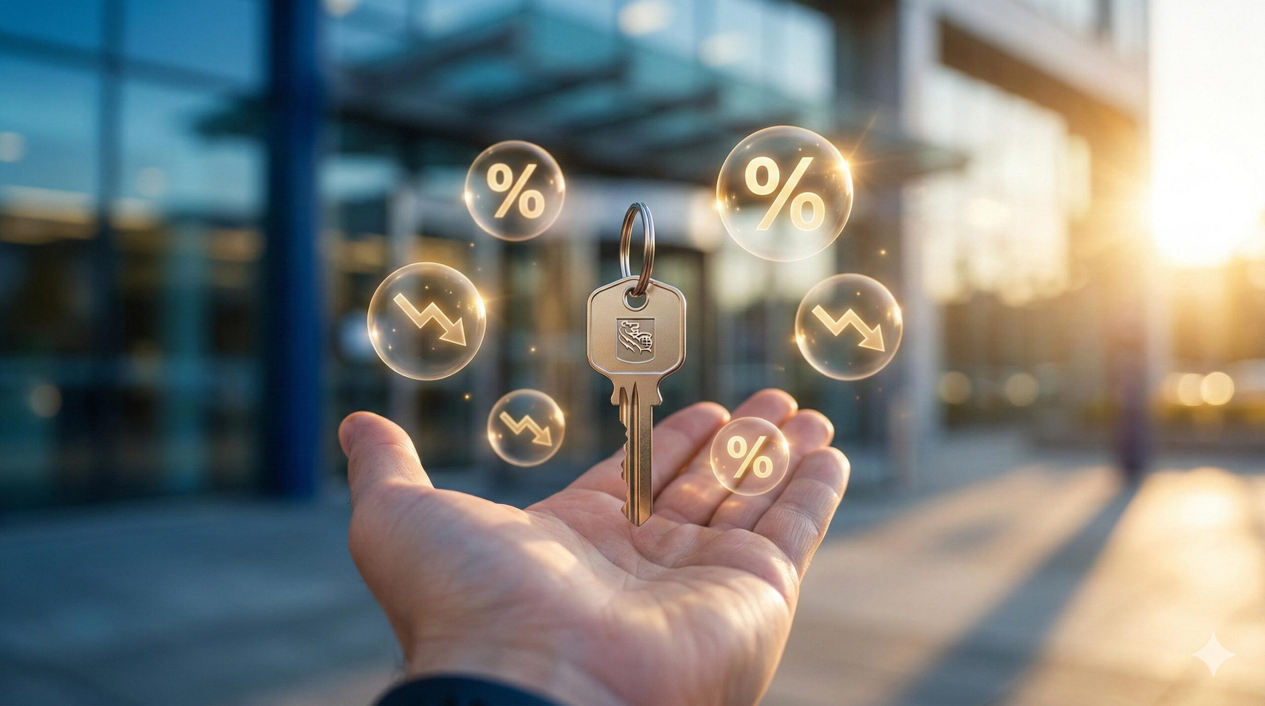 Hand holding a house key with mortgage percentage symbols floating around it in front of a bank.