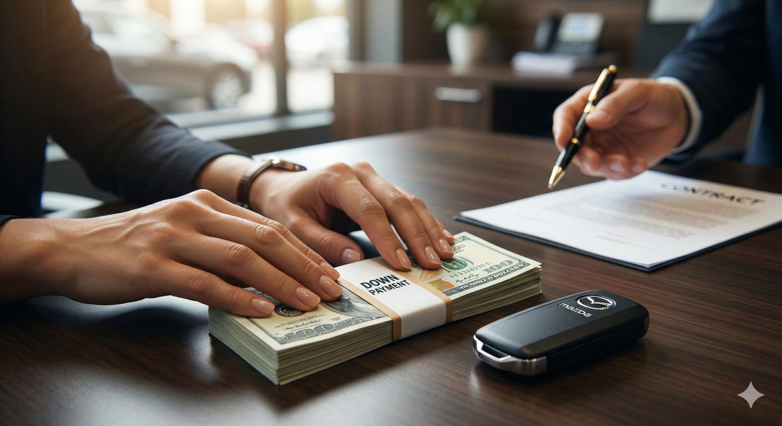 Hands placing a large down payment of cash and a car key on a dealership desk.