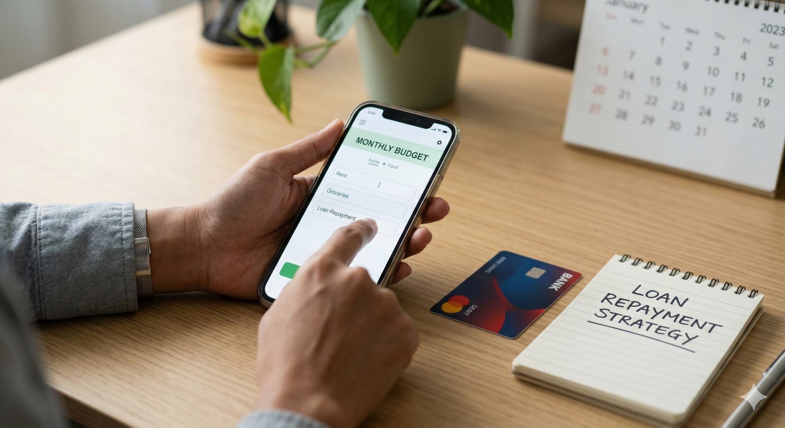 Hands typing a budget into a smartphone with a CIMB debit card nearby, symbolizing planned loan repayment.