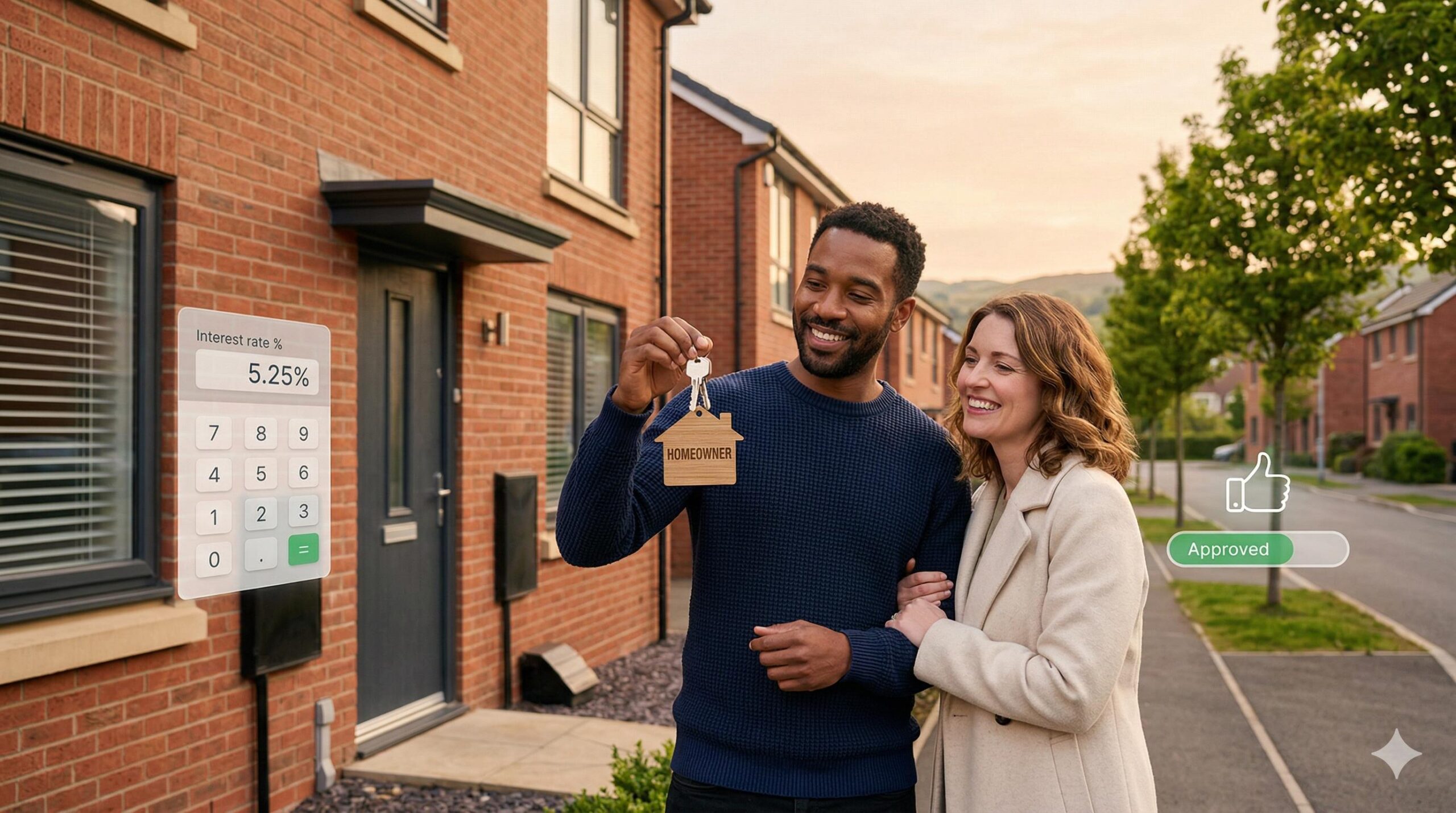 Happy UK couple holding keys in front of their new brick home.