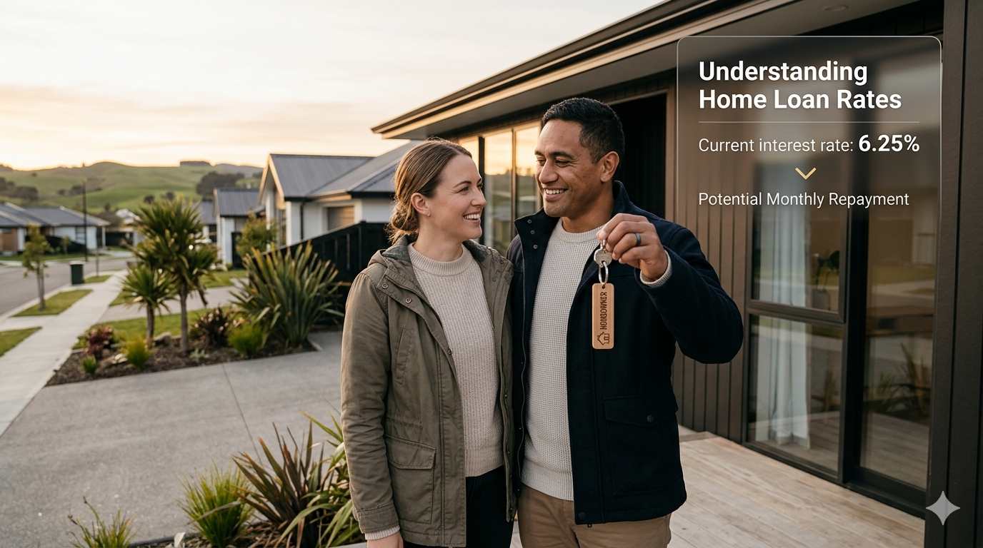 Happy family holding keys in front of a modern home with a mortgage calculator graphic.
