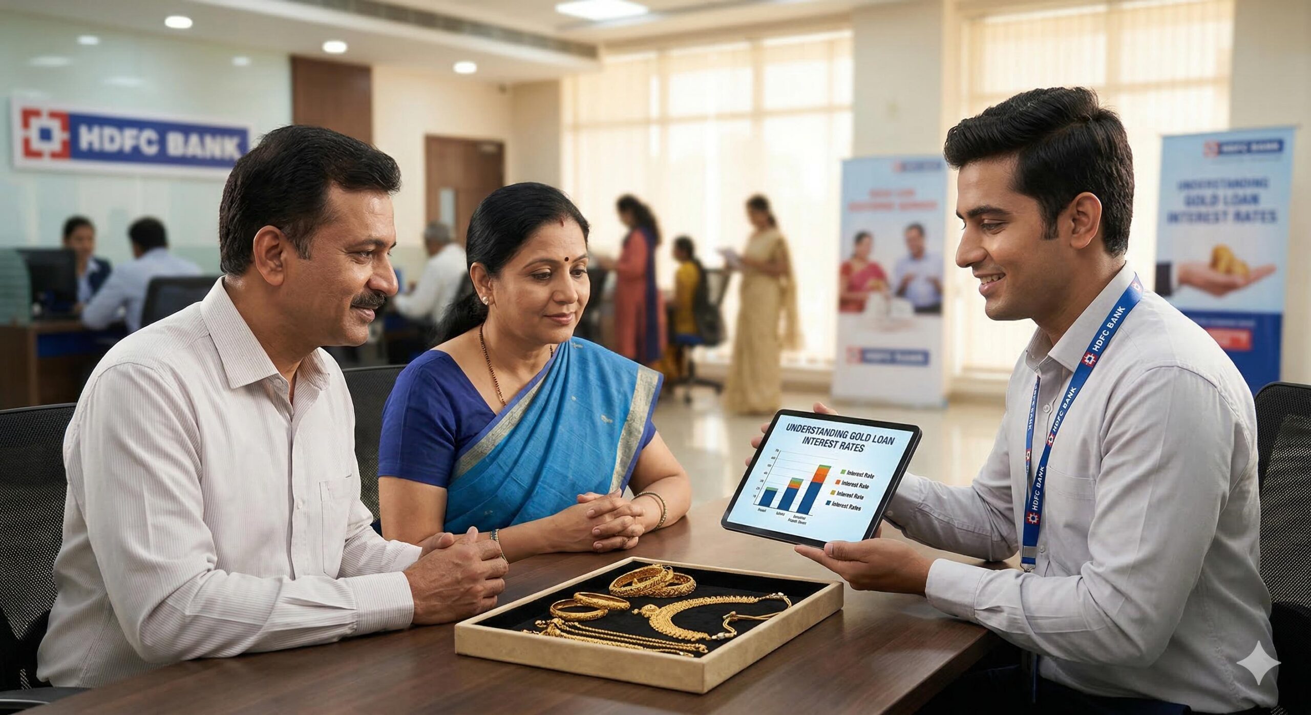 Indian couple discussing HDFC gold loan interest rates with a bank executive.