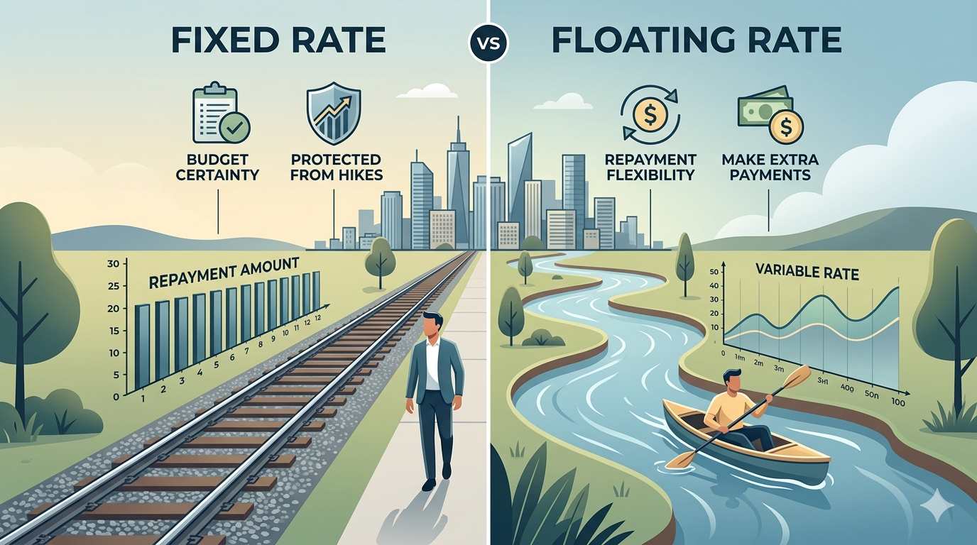Infographic comparing a predictable fixed rate path with a variable floating rate path.