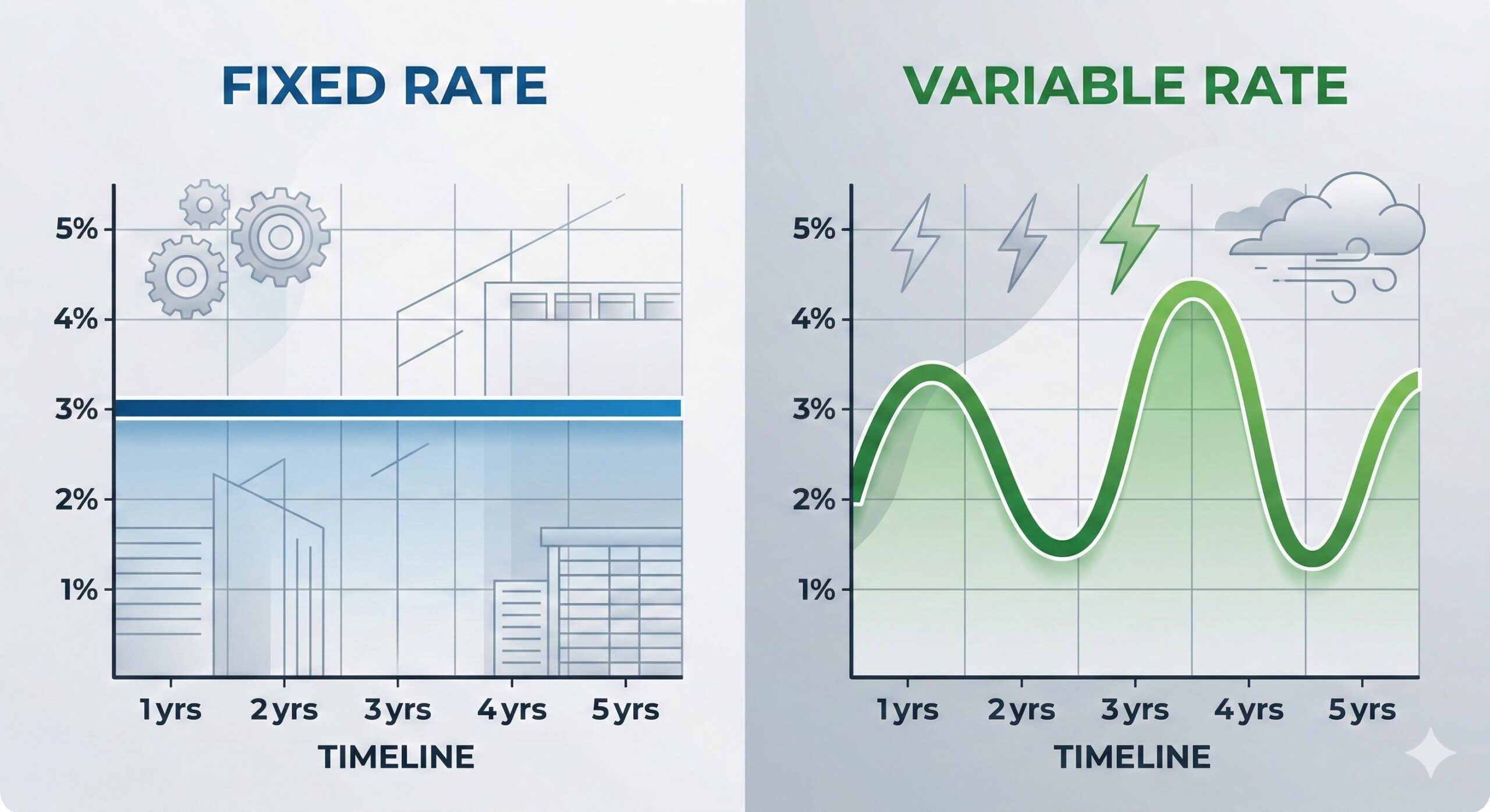 Infographic comparing a stable horizontal line for fixed mortgage rates against a wavy line for variable rates over 5 years.