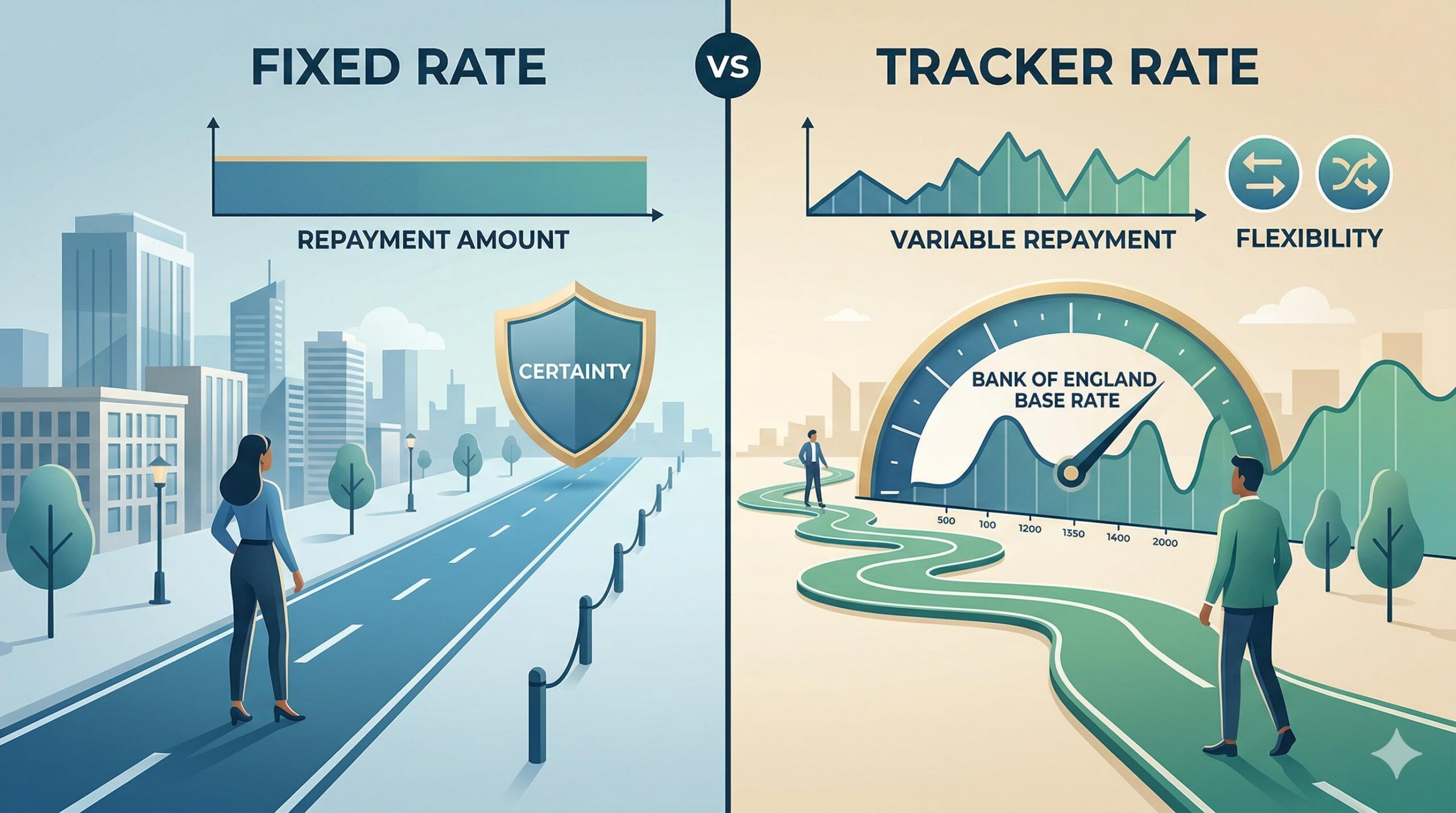 Infographic comparing the stability of a fixed mortgage rate path vs a tracker rate path.