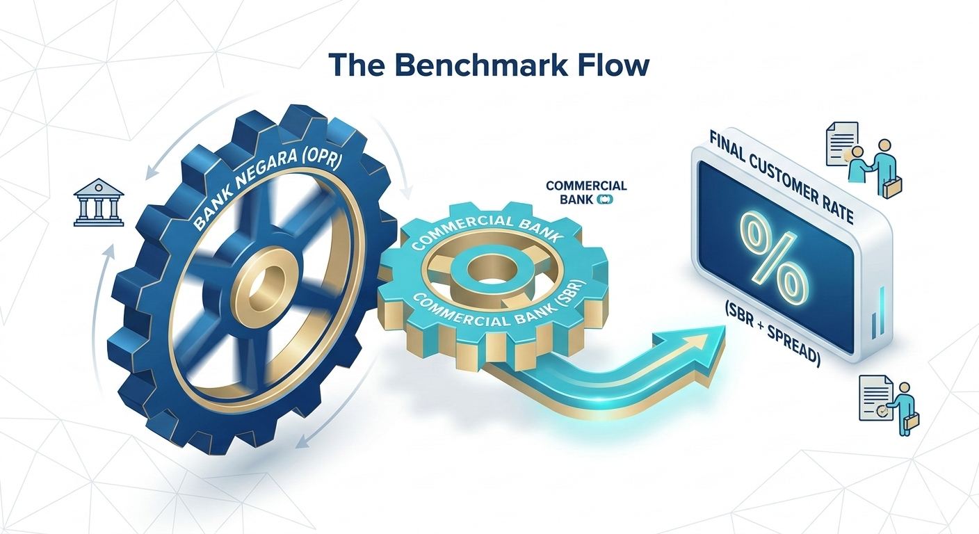 Infographic showing the flow from Bank Negara OPR to bank Standardised Base Rate (SBR) to final customer ASB loan interest rate.