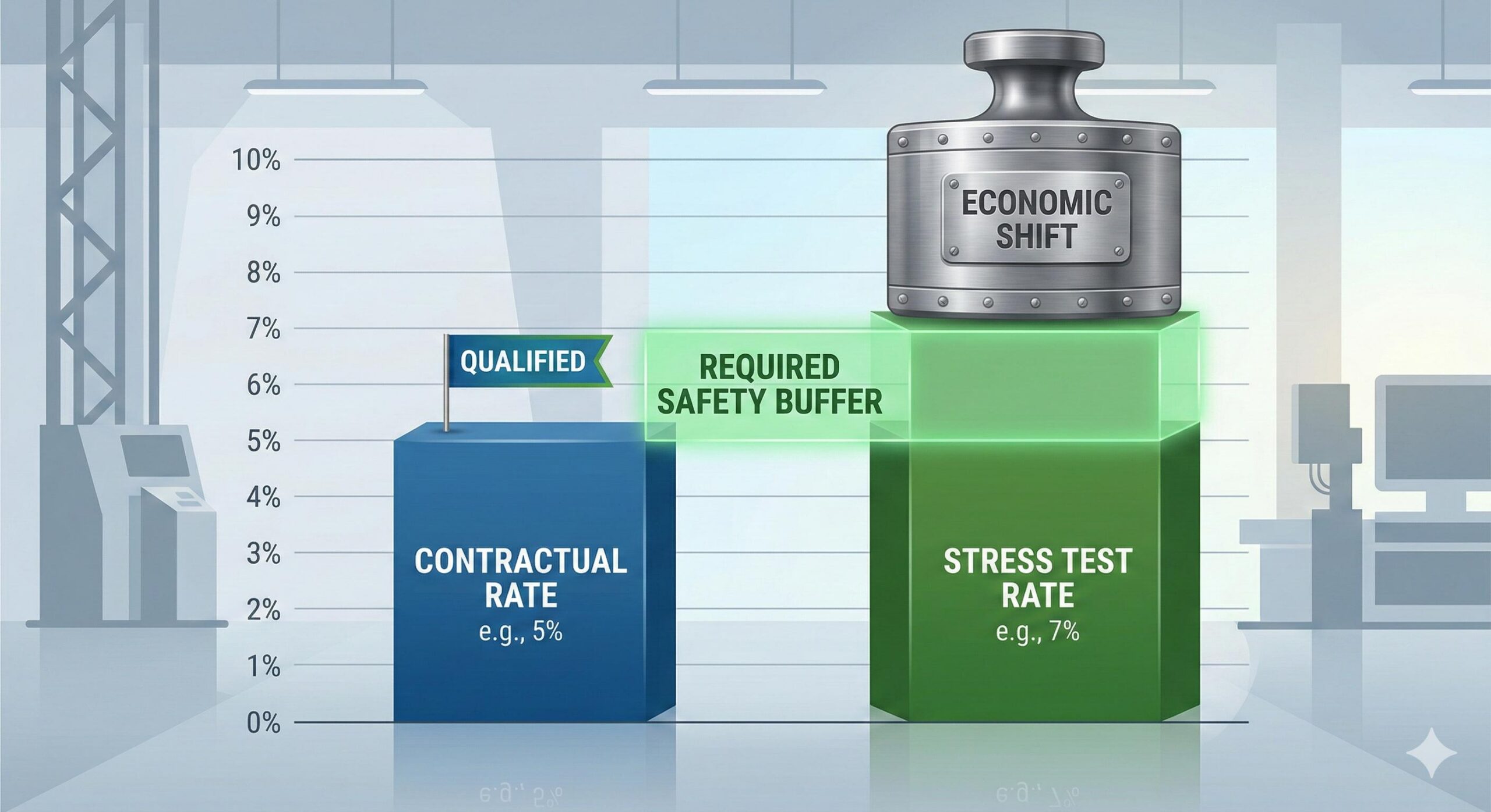 Infographic showing the required safety buffer gap between a contractual mortgage rate and a higher stress test rate.