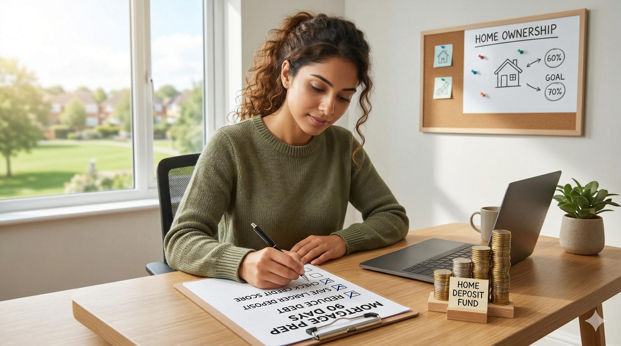 Person ticking off items on a financial preparation checklist, next to a stack of coins labeled 'Home Deposit Fund'.