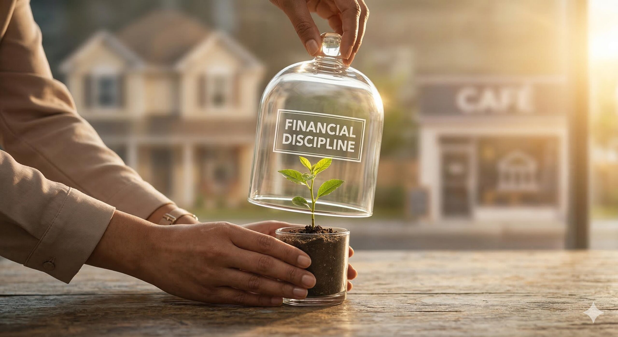 Sapling in dome representing financial discipline.