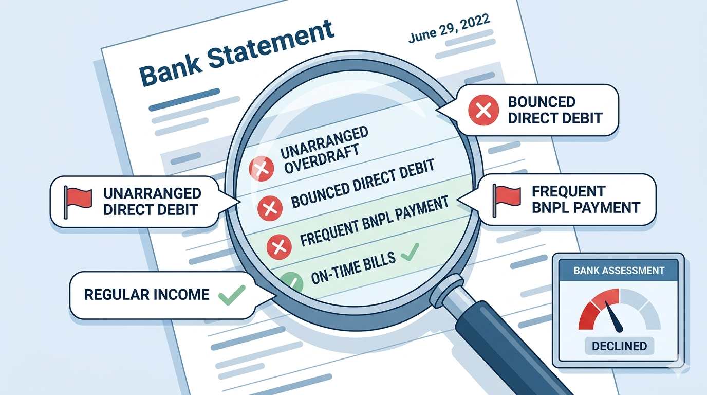 Scrutinized bank statement with flags pointing to detrimental financial habits.