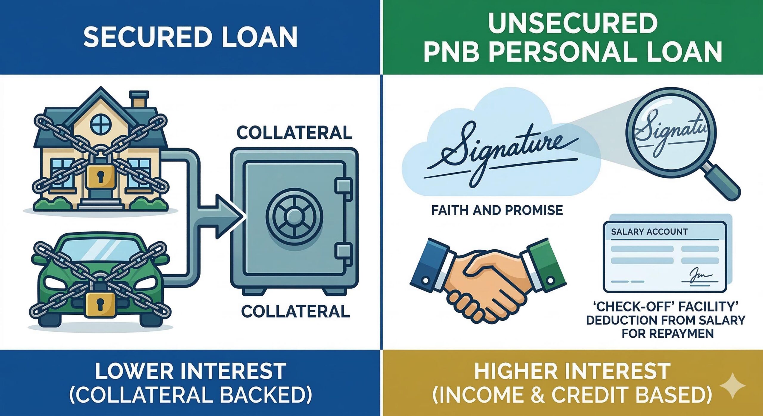 Secured vs unsecured loan concept diagram.