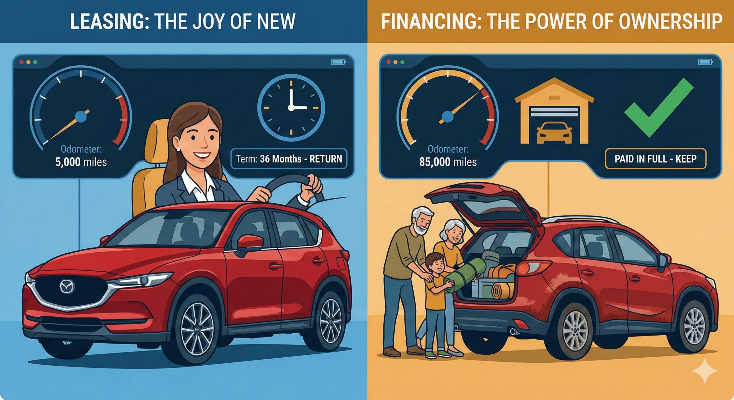 Split-screen image showing a high-mileage driver versus a driver enjoying a new car every few years.