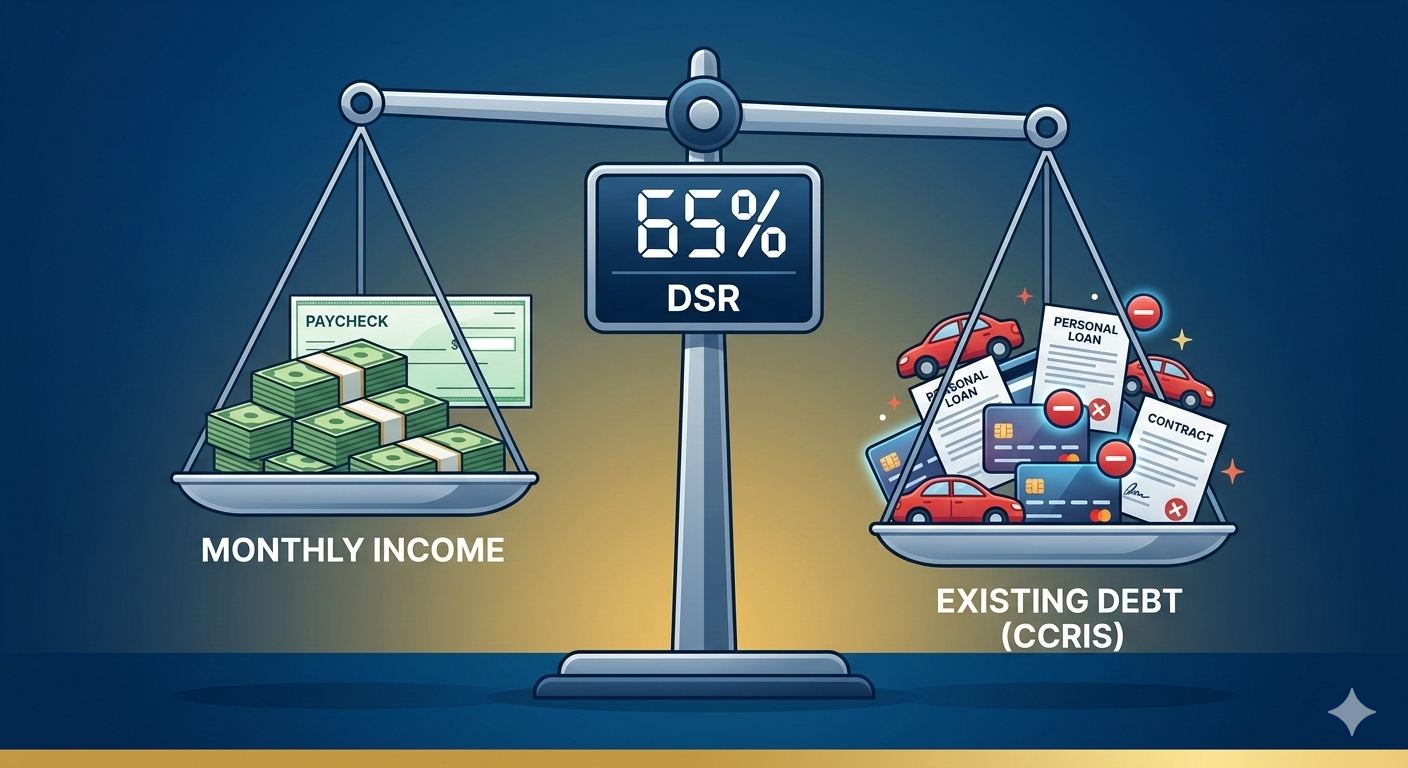 Stylized balance scale weighing a pile of existing debts against monthly income to determine loan approval.