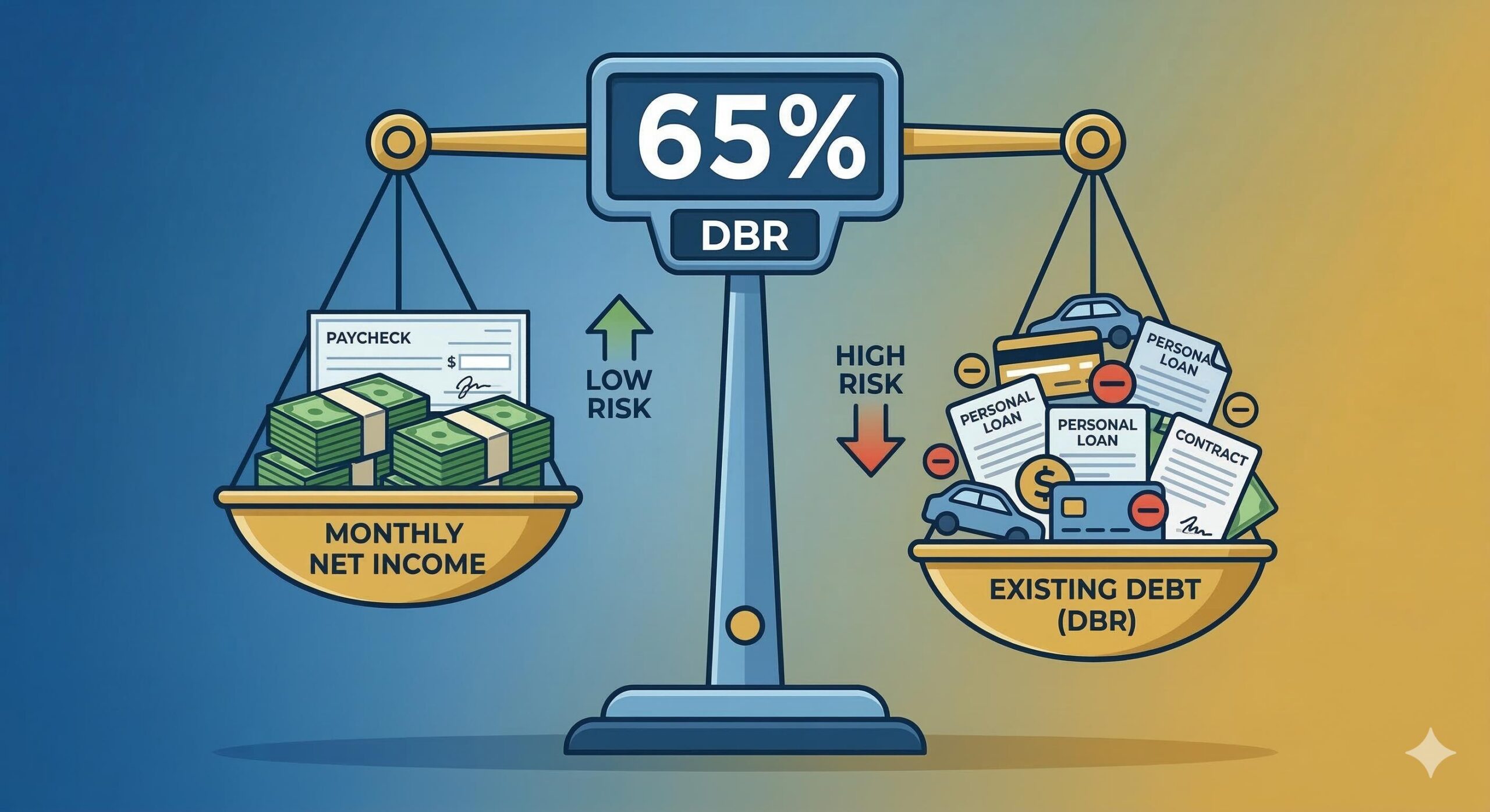 Stylized balance scale weighing monthly income against existing debt to illustrate the Debt Burden Ratio (DBR) calculation.