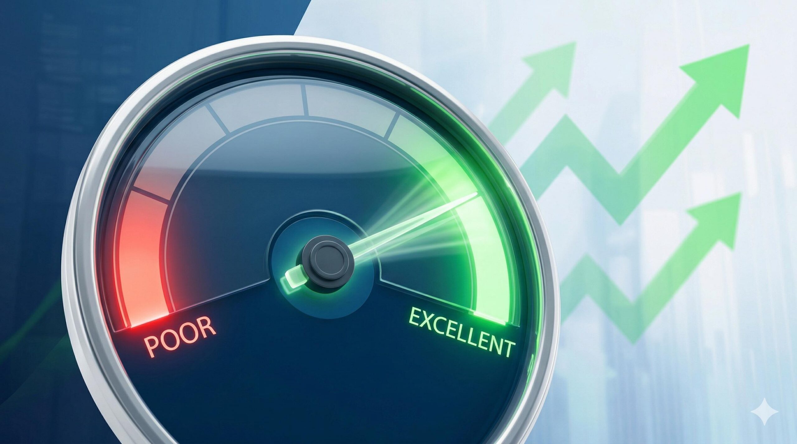 3D illustration of a credit score meter improving from red to green.