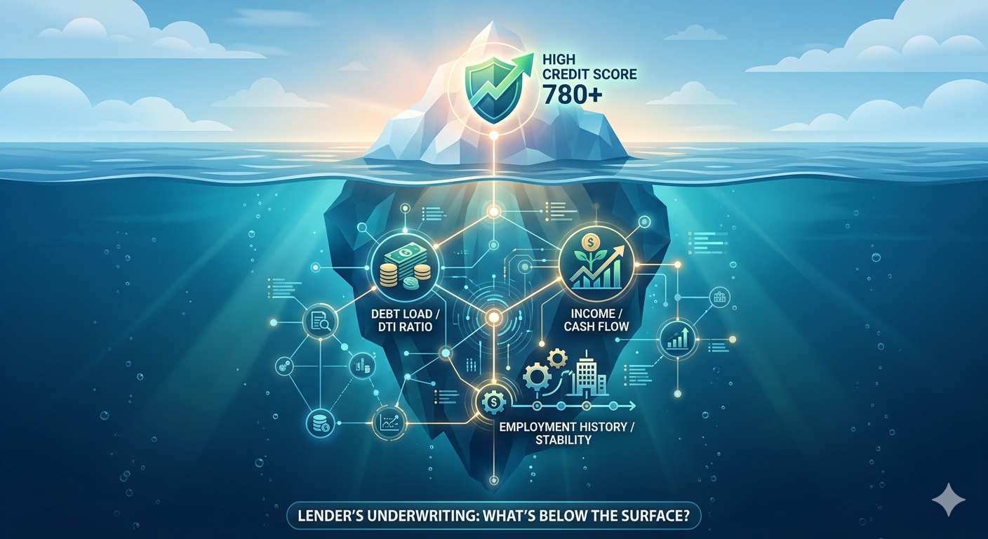 A 3D iceberg illustration showing a credit score at the tip, with larger financial factors like debt and income hidden underwater.