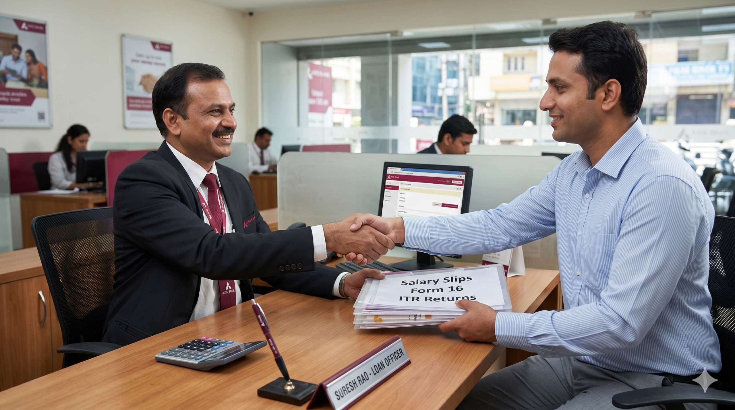 A bank officer verifying income documents (salary slips and ITR) for a car loan applicant in India.