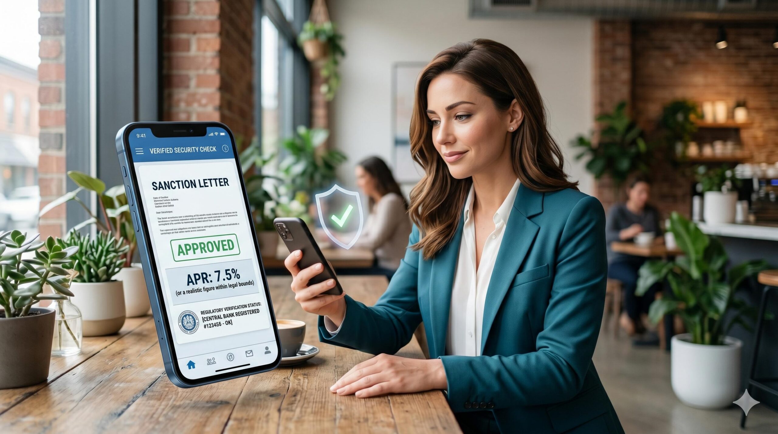 A borrower confidently verifying a safe loan application on their smartphone.