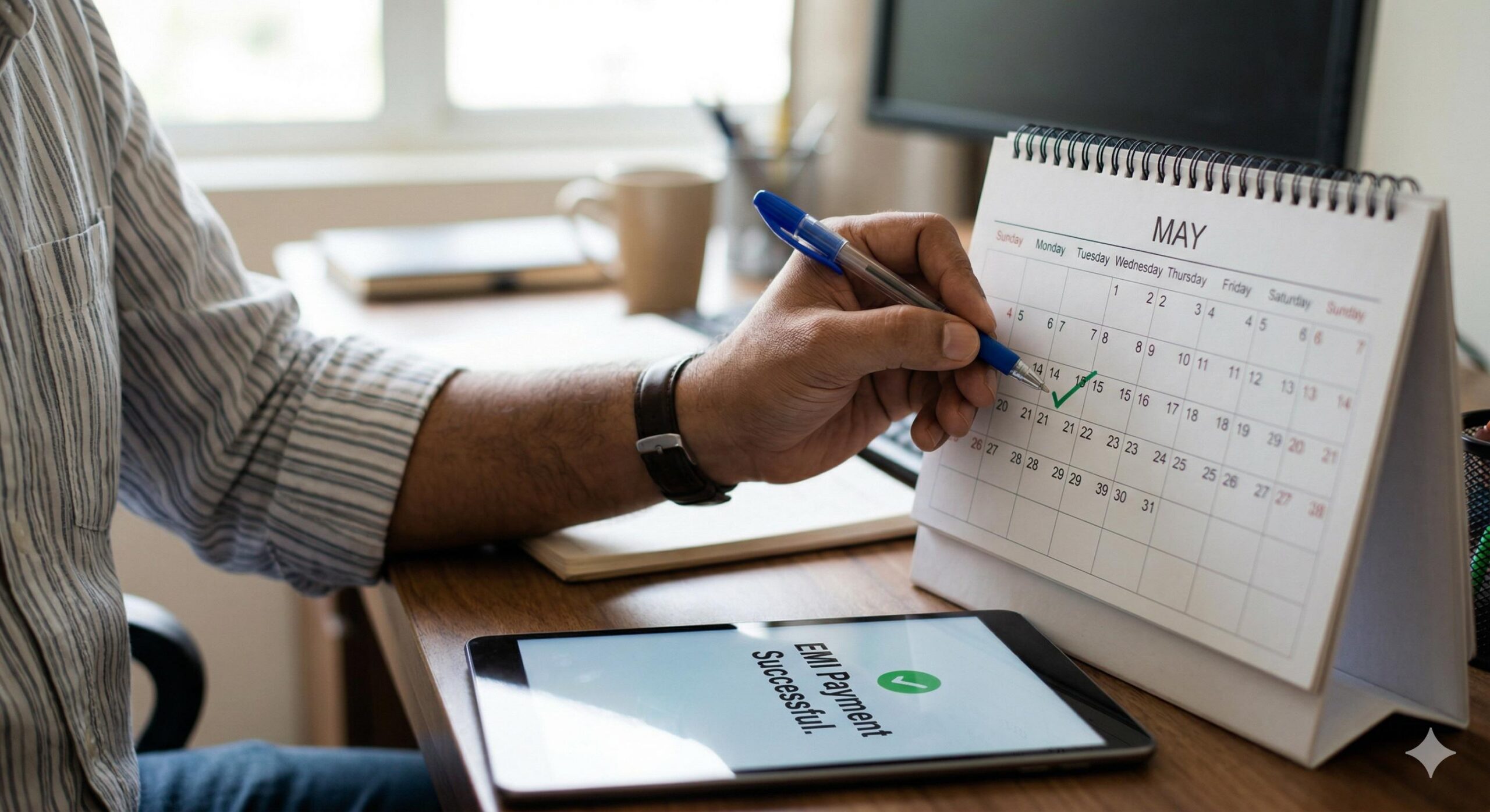 A borrower marking a calendar after making a successful, on-time EMI payment, highlighting responsible financial habits.