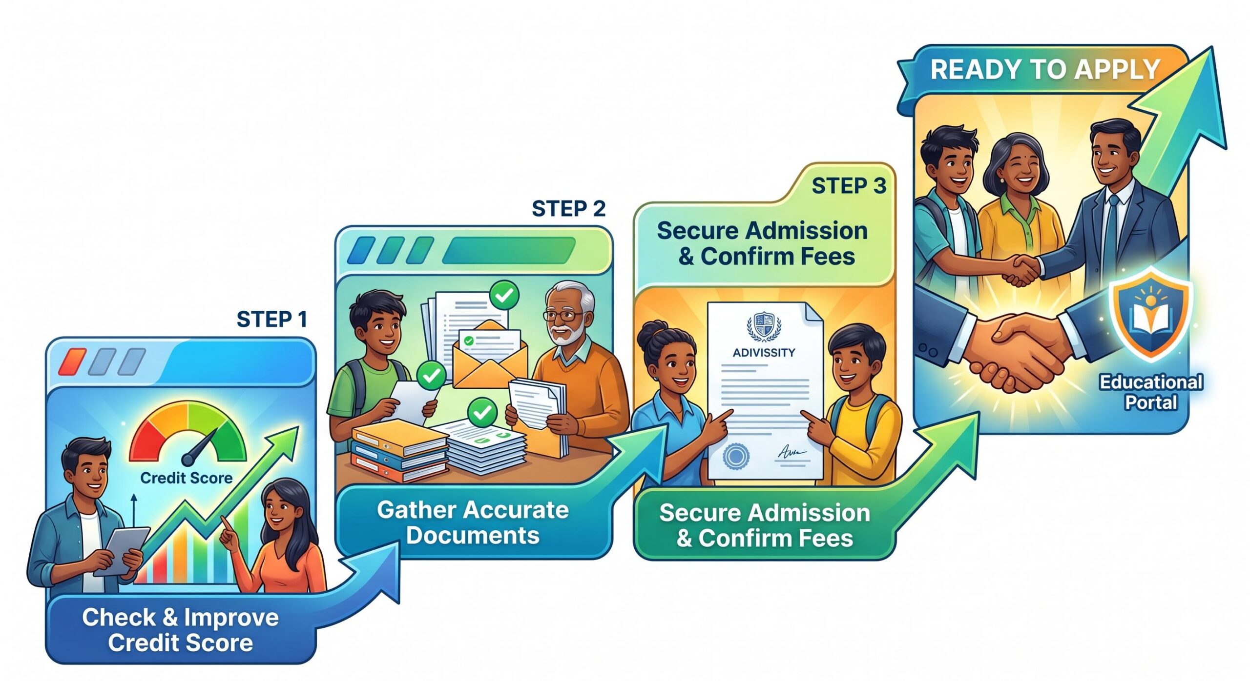 A bright, positive infographic illustrating actionable steps diverse students and families can take to increase their chances of education loan approval.