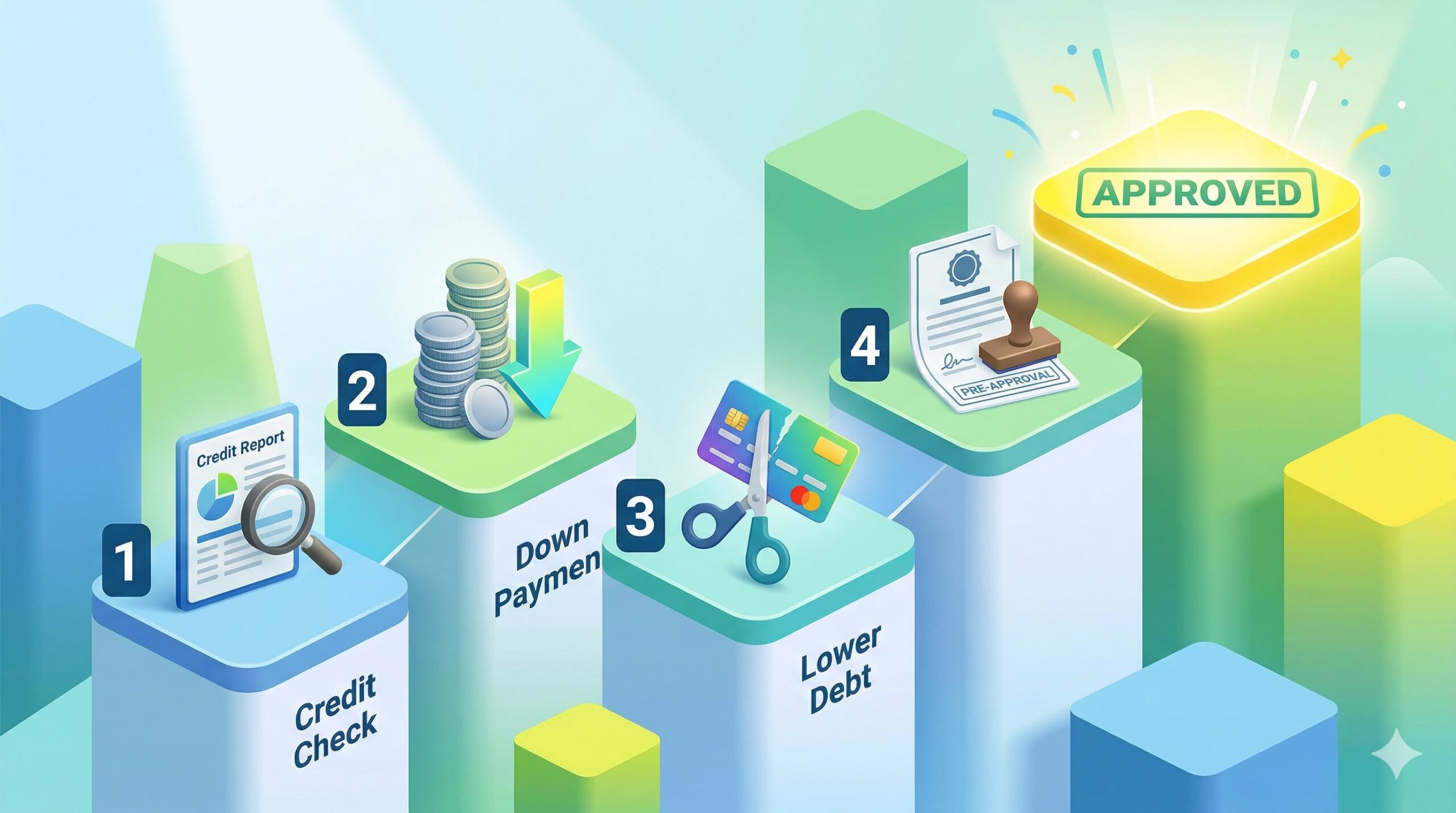 A checklist infographic outlining four keys to loan approval_ check credit, down payment, lower debt, and pre-approval.