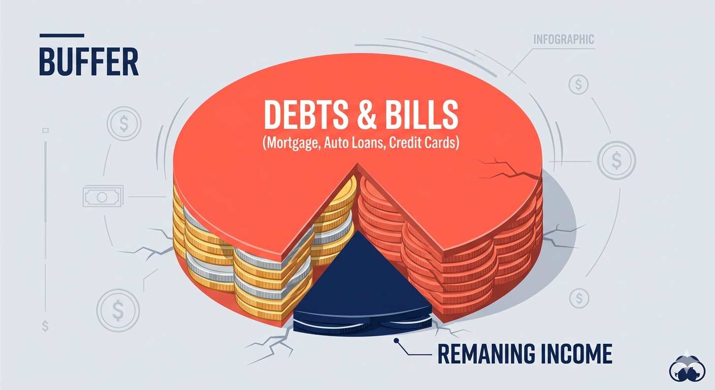 A coin-based pie chart illustrating how heavy monthly debts consume the majority of an individual's income.