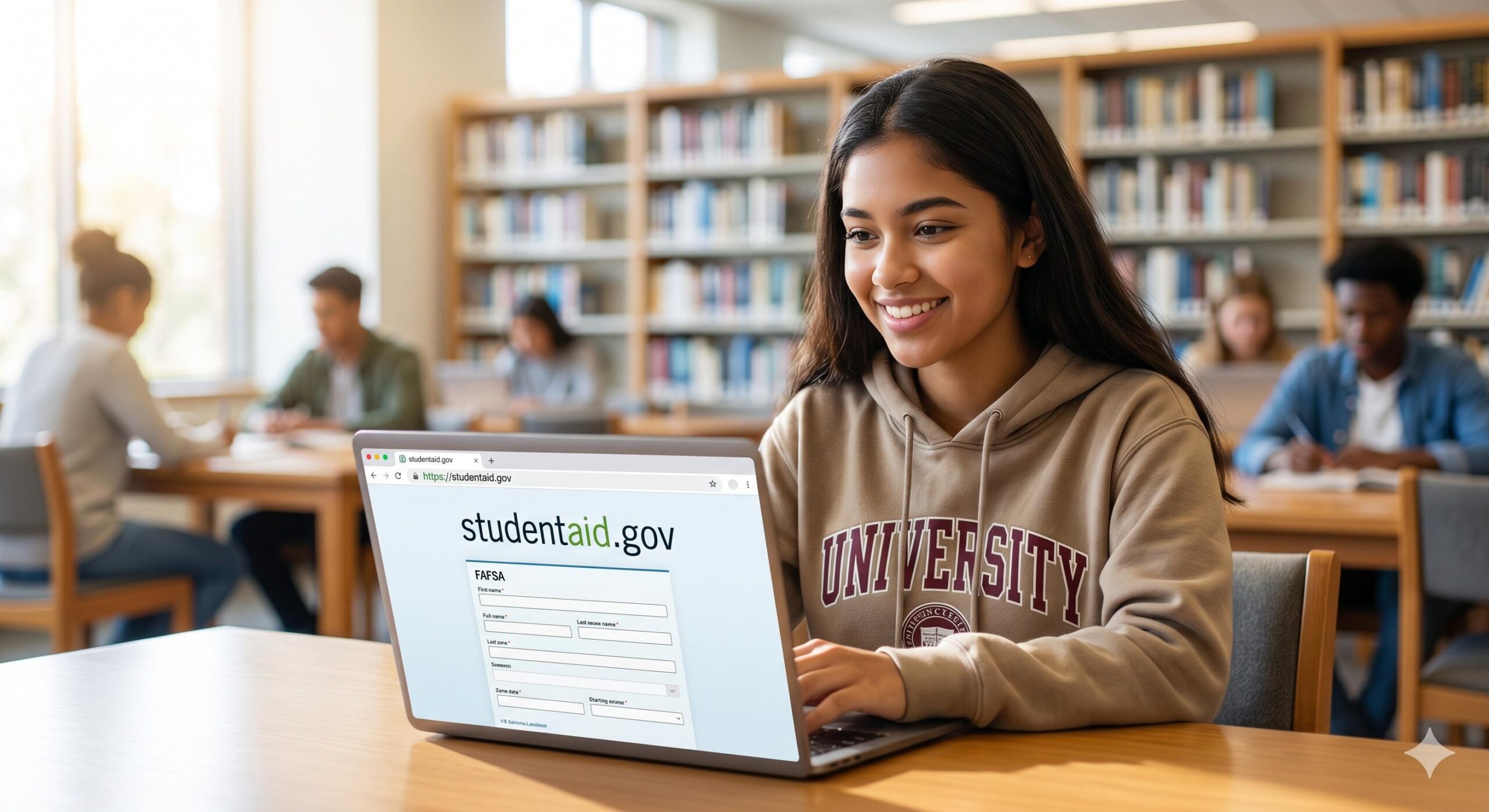 A college student confidently applying for federal aid on the official studentaid.gov website in a university library. (1)