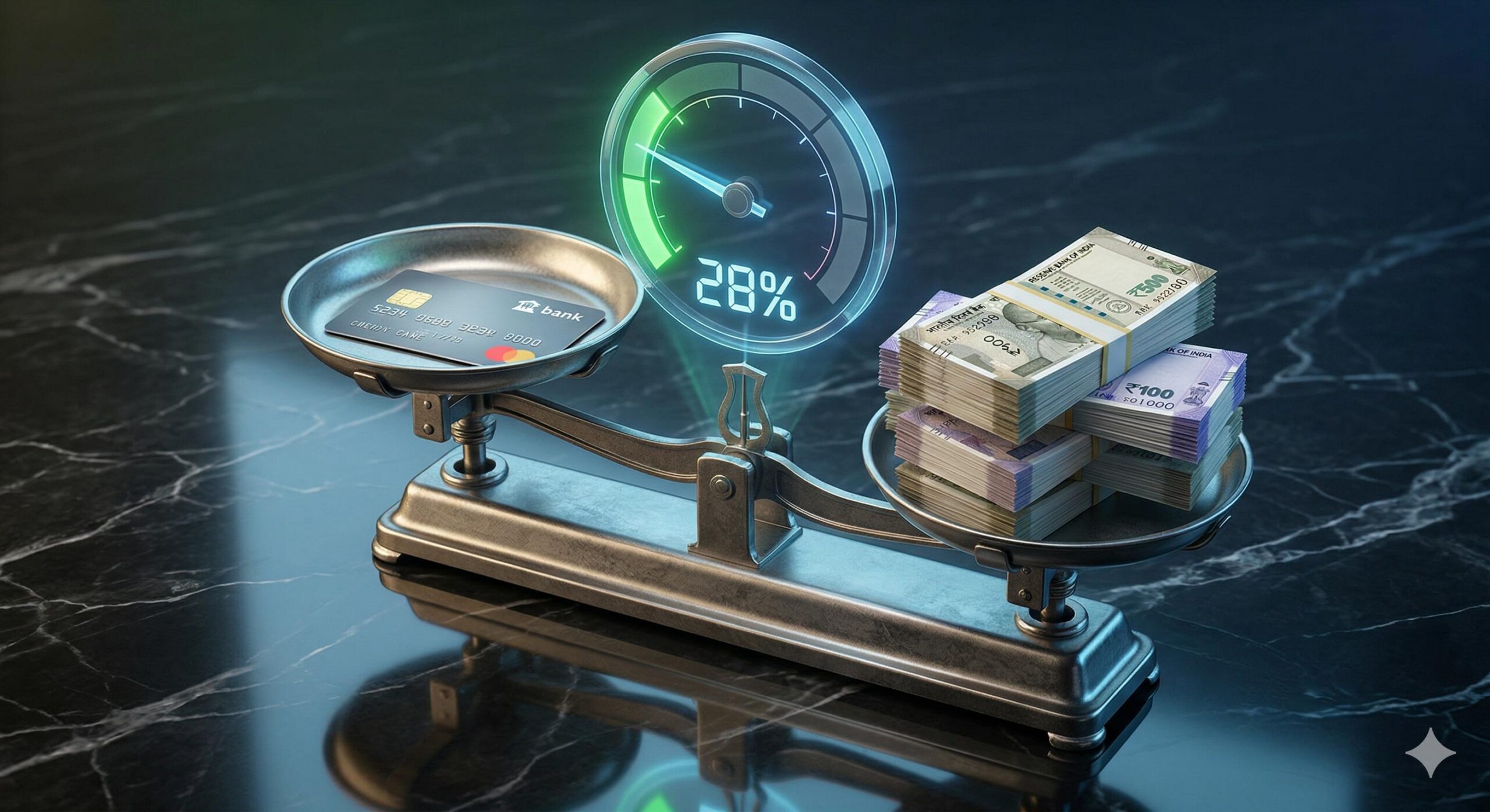 A conceptual illustration of a scale showing a low credit utilization ratio, with a healthy balance between total credit limit and used credit.